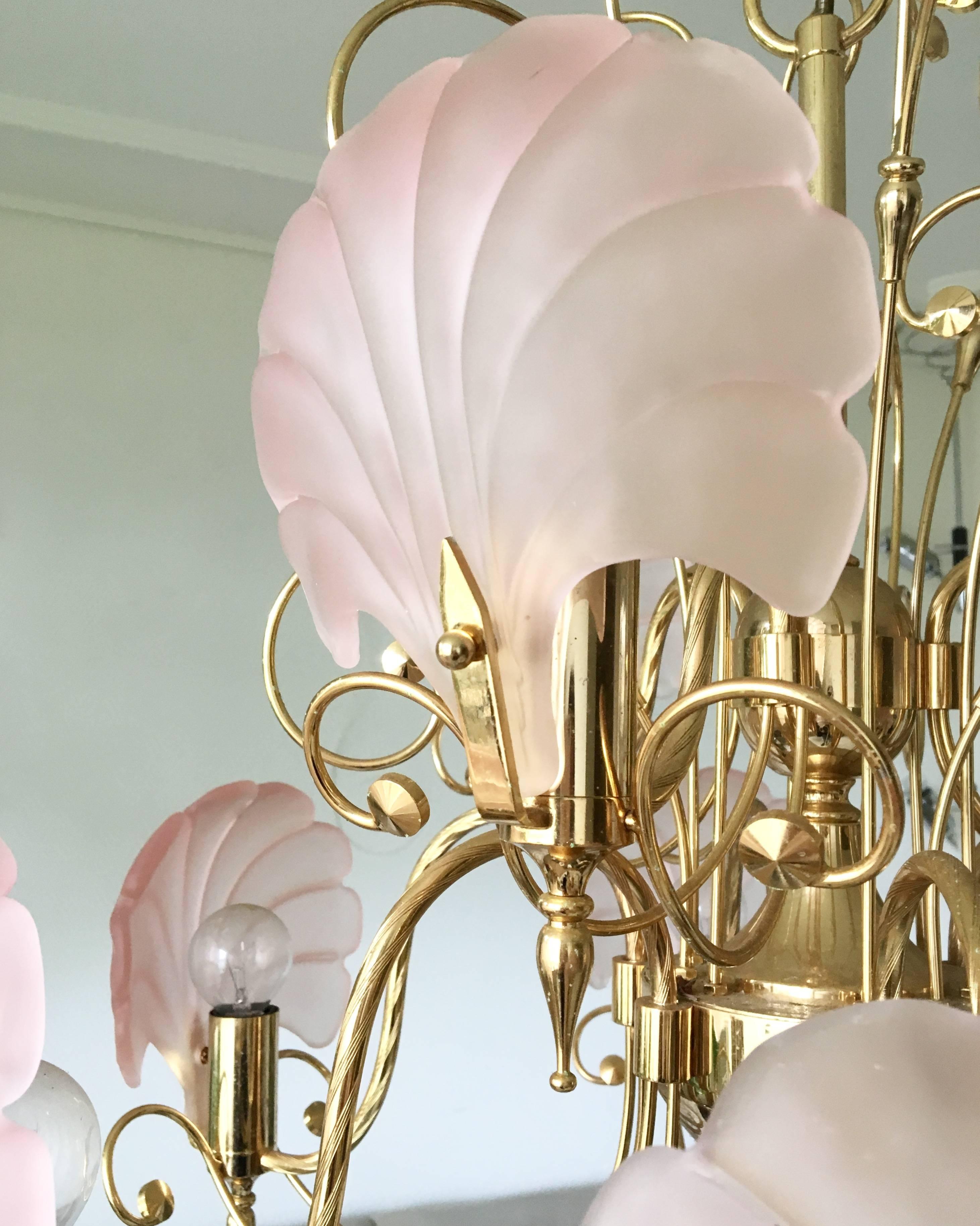 Hollywood Regency Deknudt Chique Vintage Pink and Gold Frosted Glass Shell Chandelier:: circa 1970