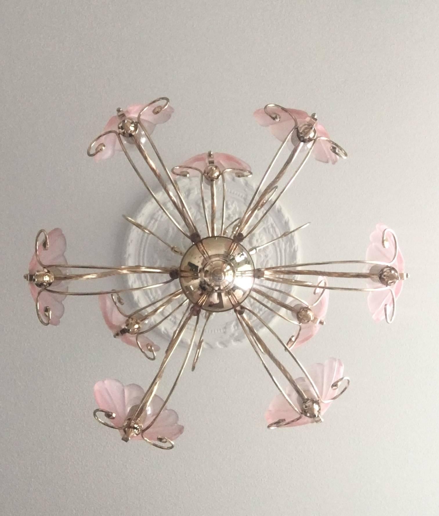 Belge Deknudt Chique Vintage Pink and Gold Frosted Glass Shell Chandelier:: circa 1970