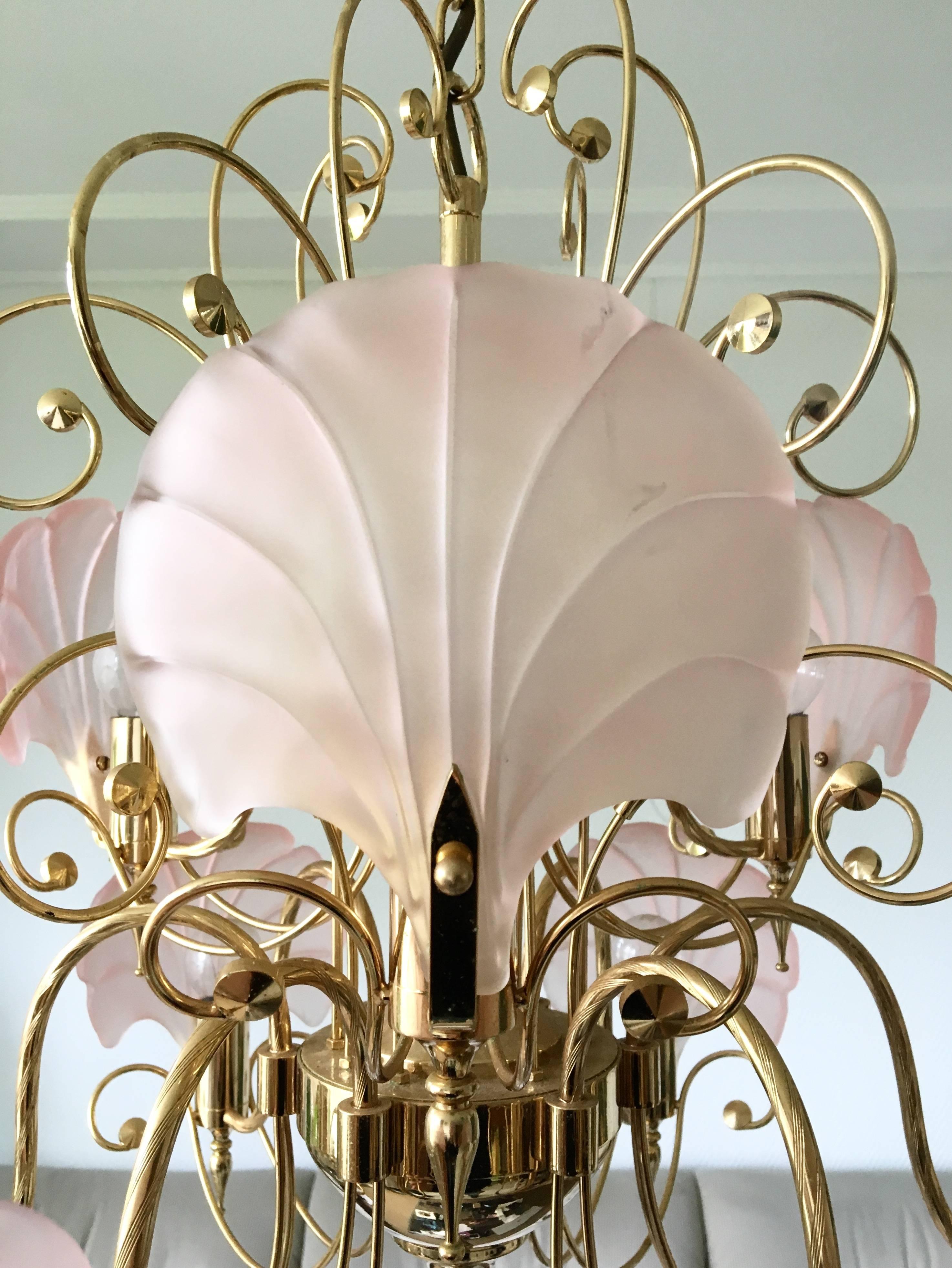 Dépoli Deknudt Chique Vintage Pink and Gold Frosted Glass Shell Chandelier:: circa 1970