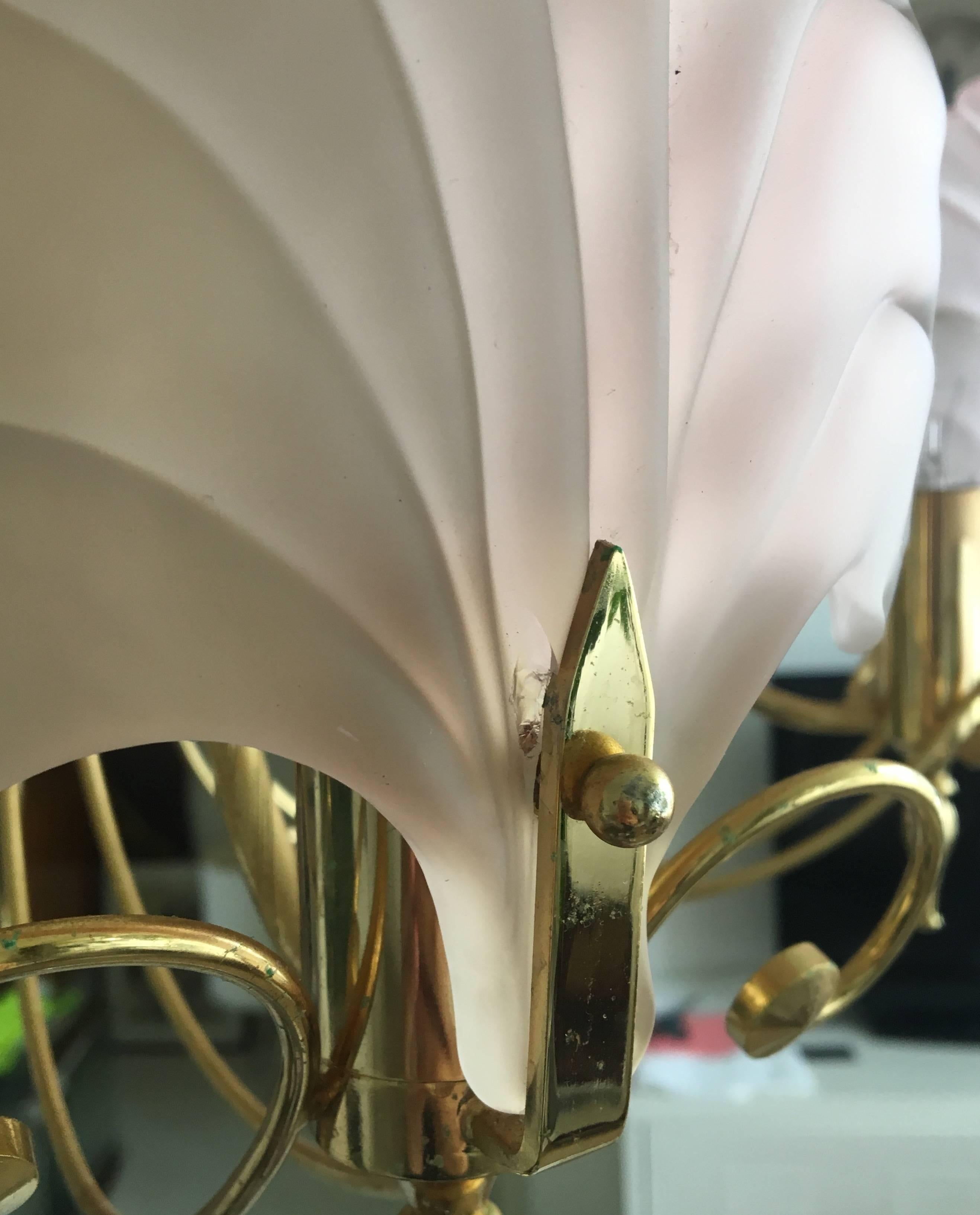 Métal Deknudt Chique Vintage Pink and Gold Frosted Glass Shell Chandelier:: circa 1970
