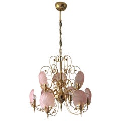 Deknudt Chique Vintage Pink and Gold Frosted Glass Shell Chandelier, circa 1970s