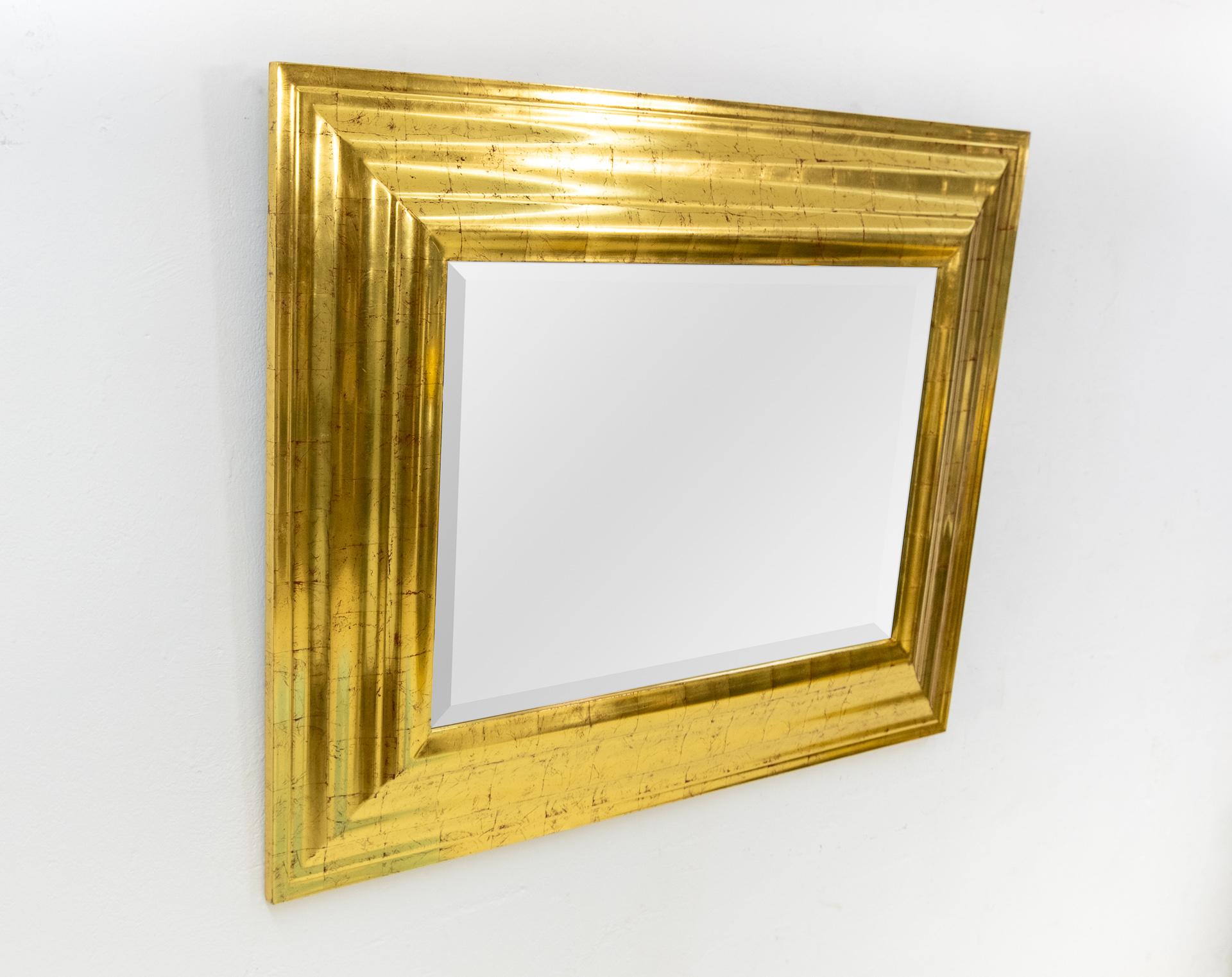 Deknudt Belgium 1970s wide frame with Real Gold folie. Striking good looking.
Horizontal or vertical use. Signed. Good quality mirror.