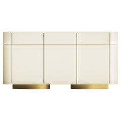 Credenza, Shiny Lacquered Wood With Textured Finish Details, Pearl Color
