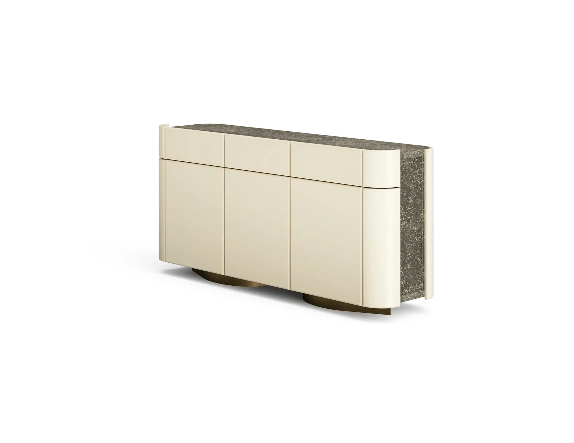 Contemporary Modern Credenza, Oak Veneer Body, Textured Lacquered Wood Top and Sides For Sale