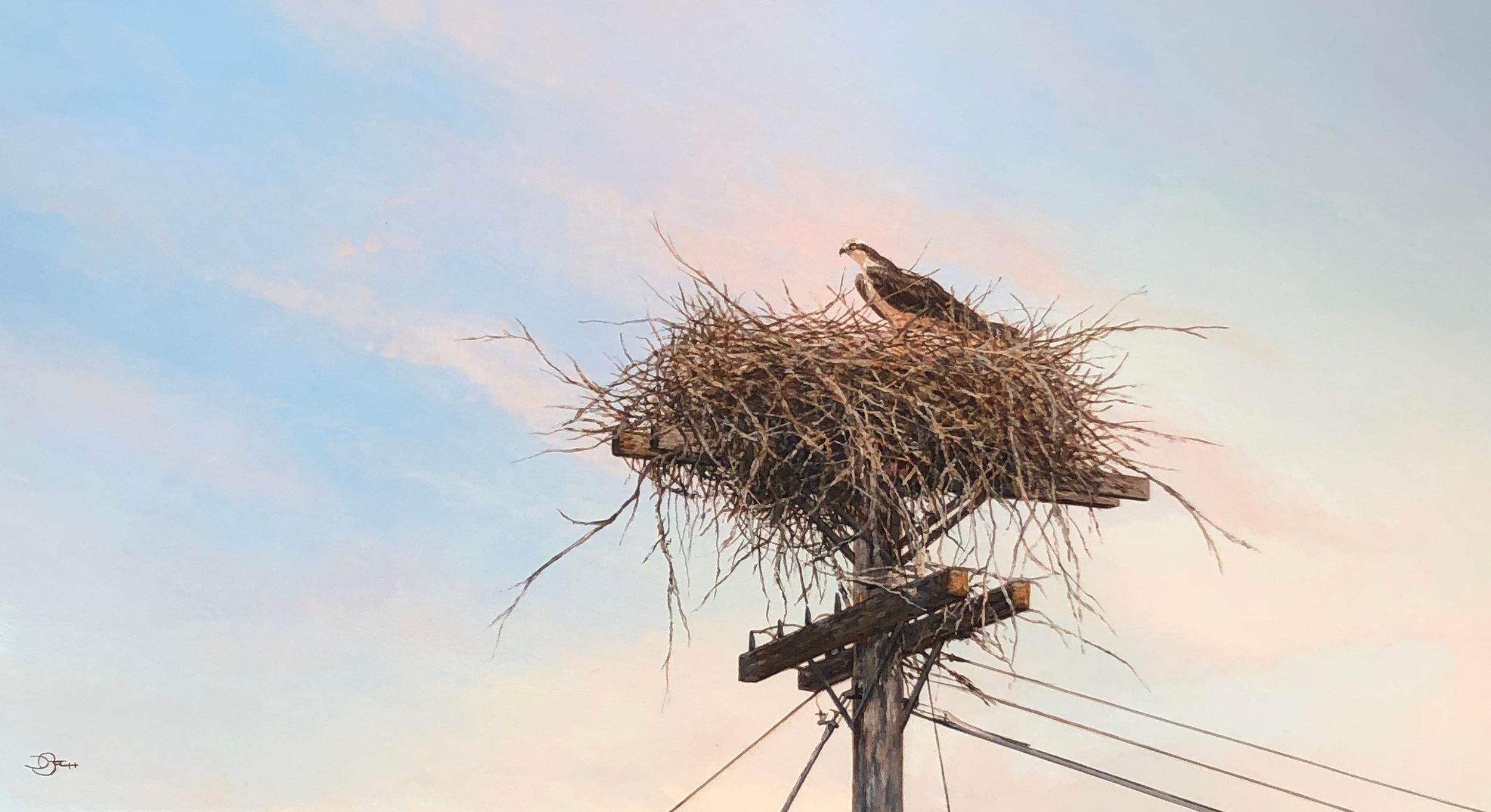 Del Bourree Bach Landscape Painting – Bach, „Eine kleine Hilfe von meinen Freunden“, realistische Osprey-Landschaft mit Vogelaufsatz 