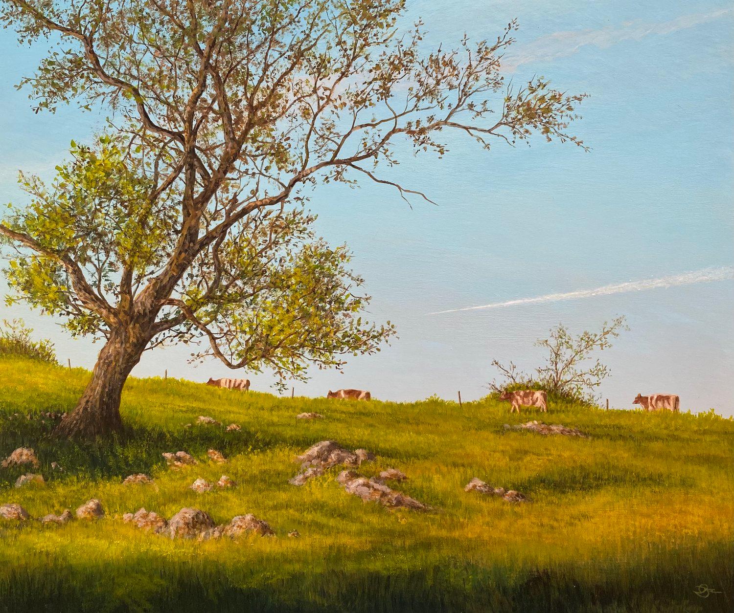 This piece, "Afternoon Parade", is a 13x15 acrylic painting on board by artist Del Bourree Bach featuring a peak into quiet pasture with bright blue skies above. A line of cattle follow each other one by one through a rolling green landscape.

About