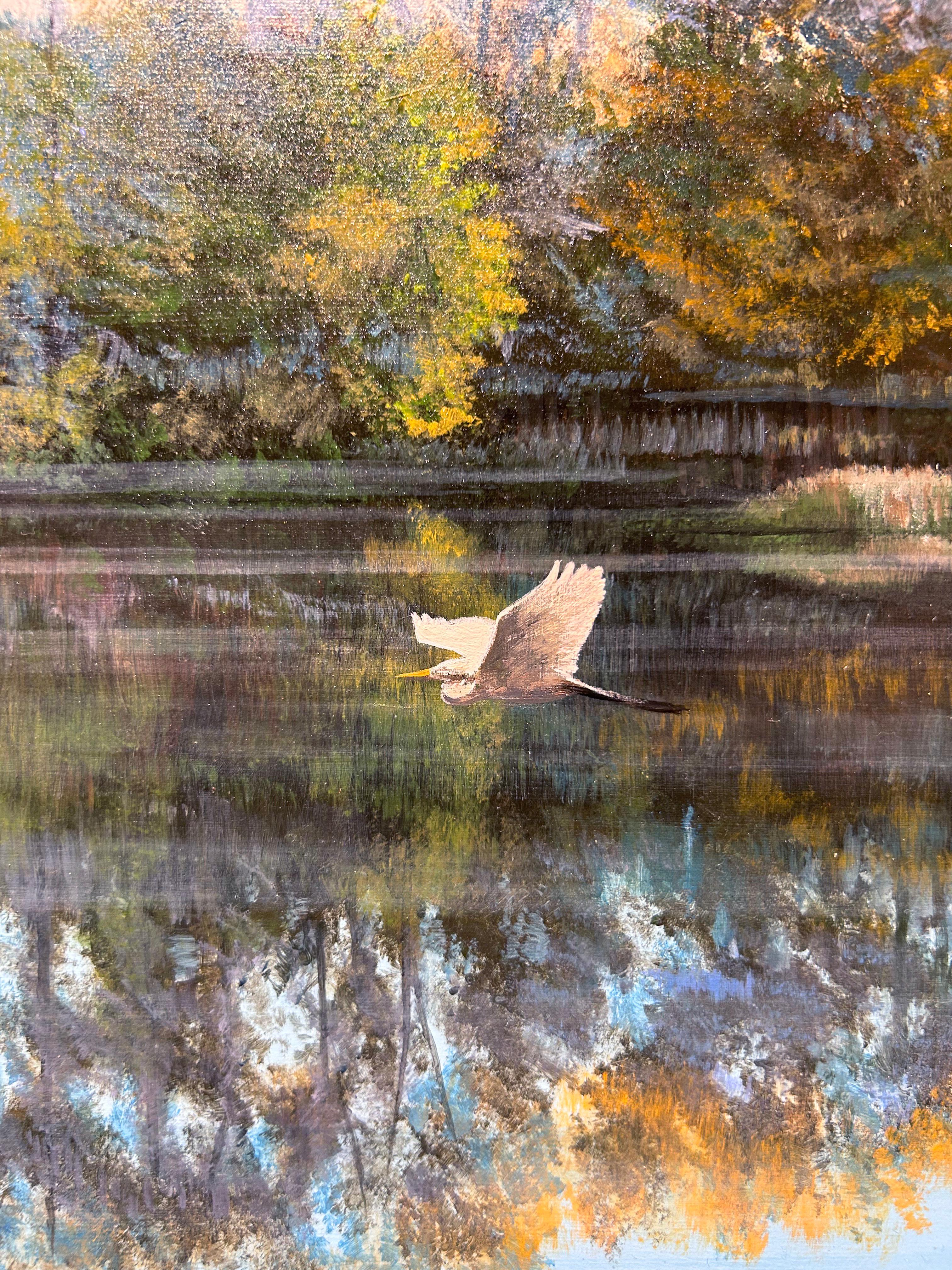 Del Bourree Bach, « Passages d'automne », paysage de rivière d'oiseaux égretées  en vente 5