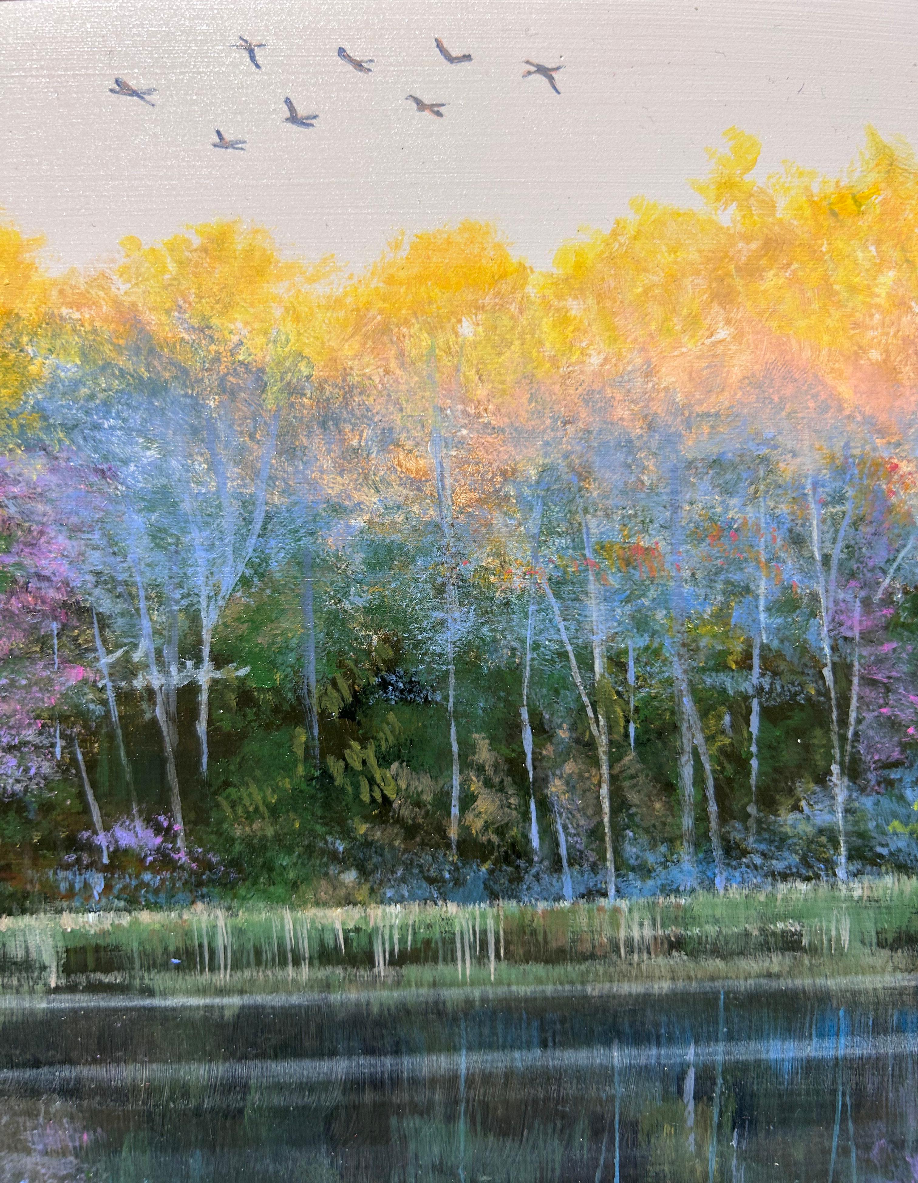 Del Bourree Bach, « Passages d'automne », paysage de rivière d'oiseaux égretées  en vente 6