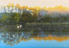 Del Bourree Bach, « Passages d'automne », paysage de rivière d'oiseaux égretées 