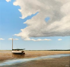 Del Bourree Bach, "Low Tide Cat", 12x12 Sailboat Ocean Beach Landscape