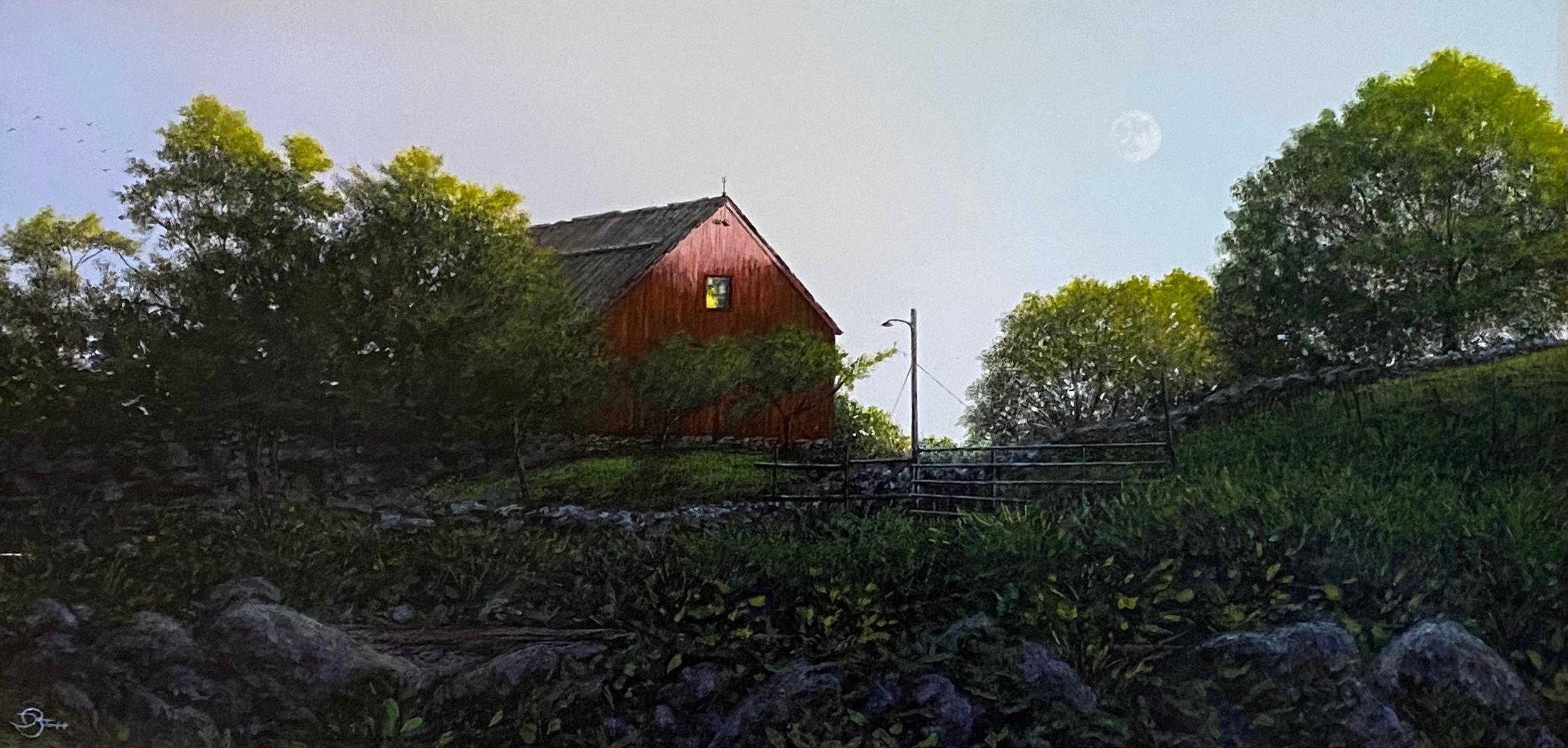 This piece, "Summerhill", is a 12x24 acrylic painting on board by artist Del Bourree Bach featuring quiet rural landscape. The moon slowly begins to rise in this late afternoon scene as light from a setting sun catches the gable of a red rustic