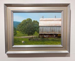 Del Bourree Bach, "Sunday Graze", 12x17 Rural Barn Sheep Landscape Painting