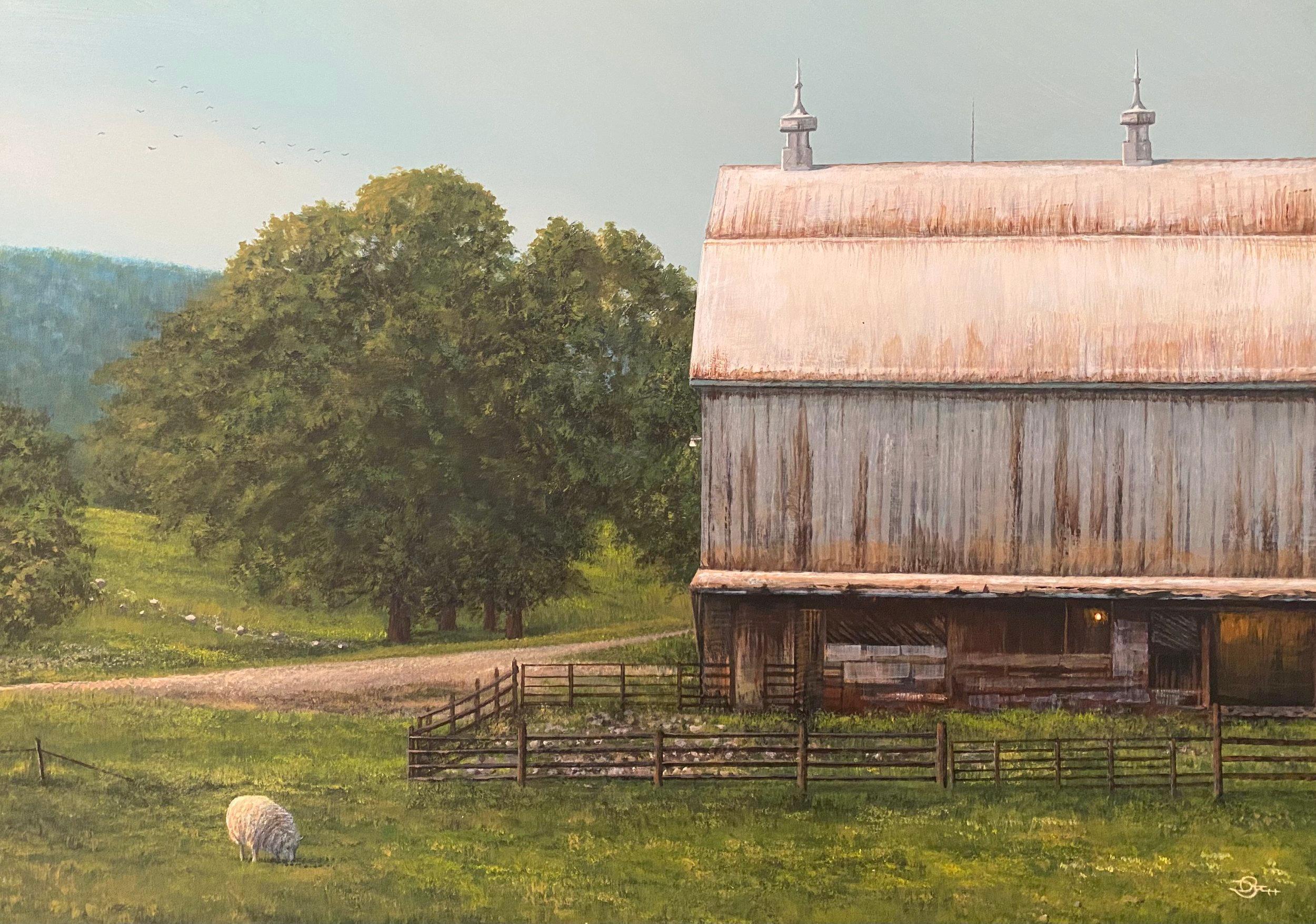 This piece, "Sunday Graze", is a 12x17 acrylic painting on board by artist Del Bourree Bach featuring a peaceful rural landscape. A large white gambrel roof barn juts out from the right, standing tall against a perfect summer sky. The composition