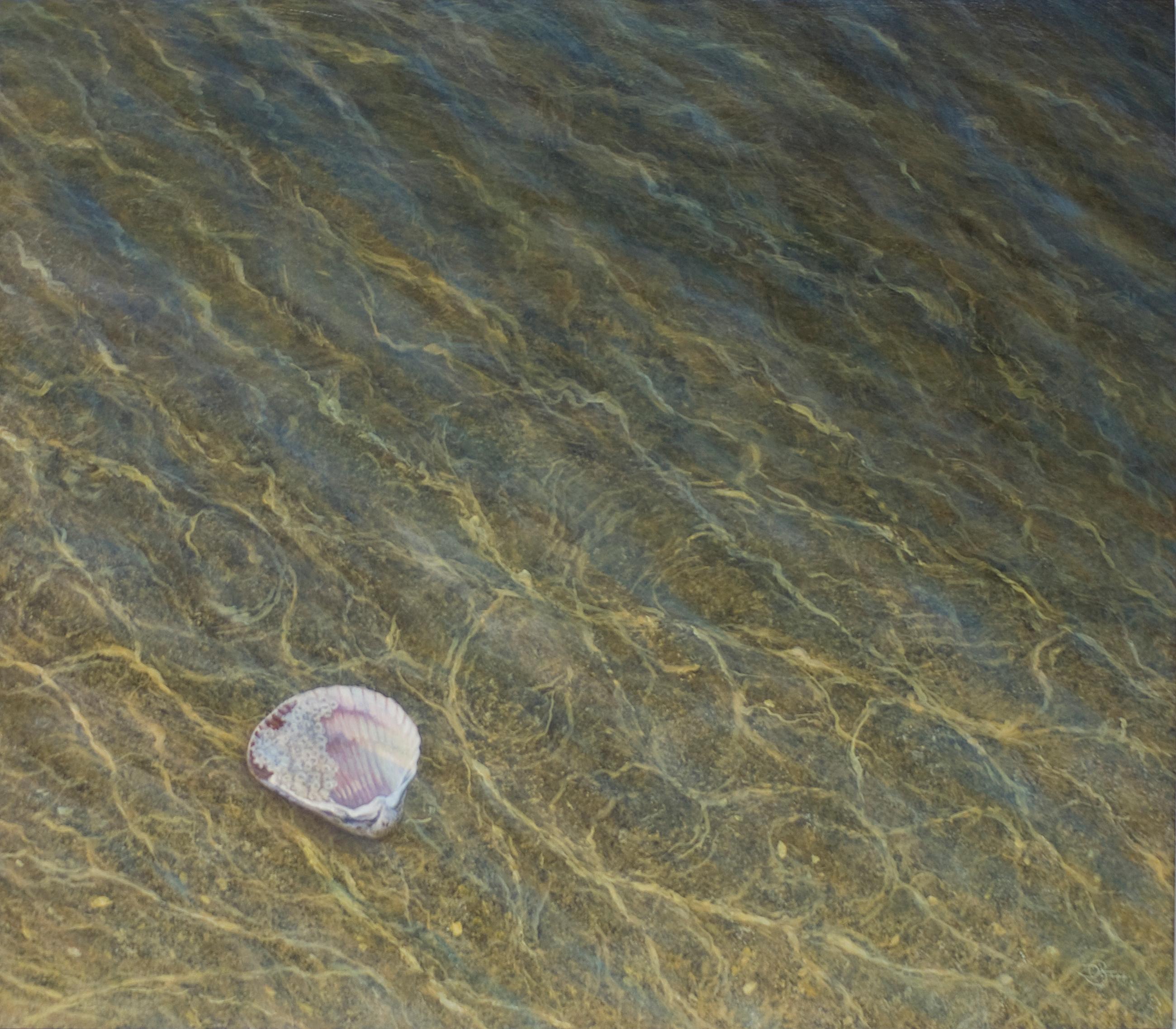 This piece, "Tidal Treasure", is a 21x24 acrylic painting on board by artist Del Bourree Bach featuring a view over a solitary body of clear ocean water. A solitary seashell sits among the sparkling golden light reflections of the lonely water