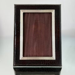 Del Conte Picture Frame in Black Crocodile Leather and Silver,  4" x 6", c. 1980