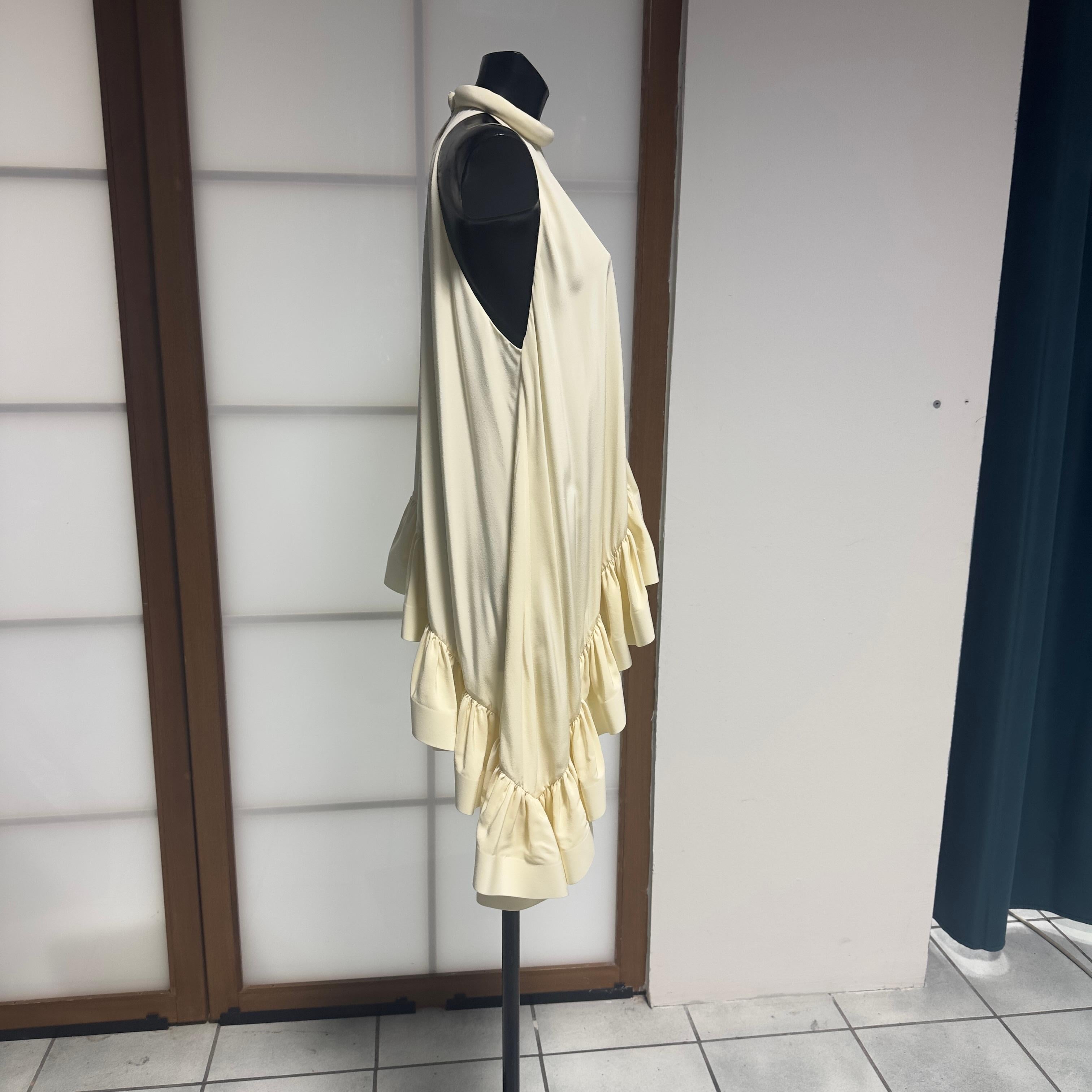 Beige Del Core Asymmetric Silk High-Neck Top with Cascading Ruffle - Made in Italy For Sale