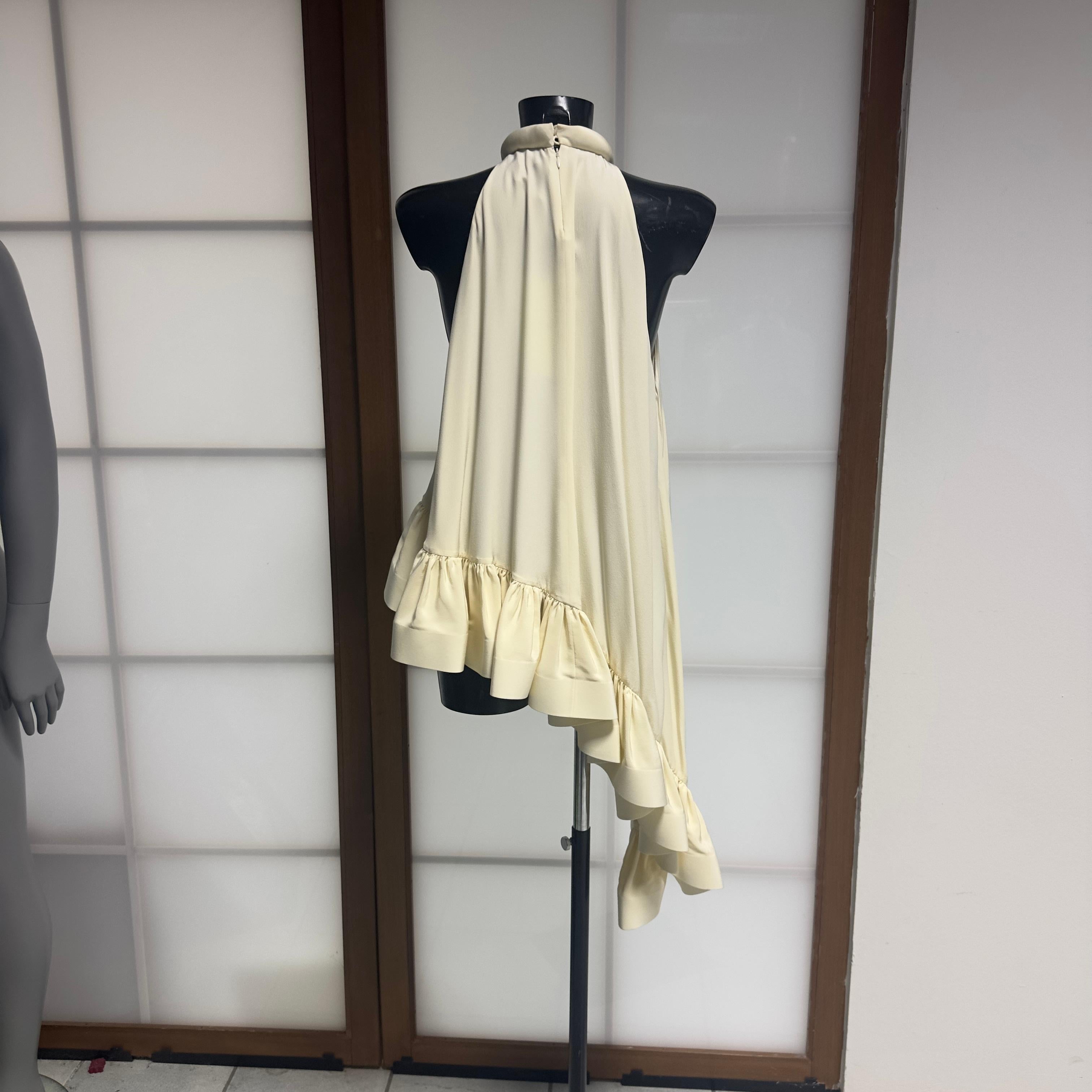 Del Core Asymmetric Silk High-Neck Top with Cascading Ruffle - Made in Italy For Sale 1