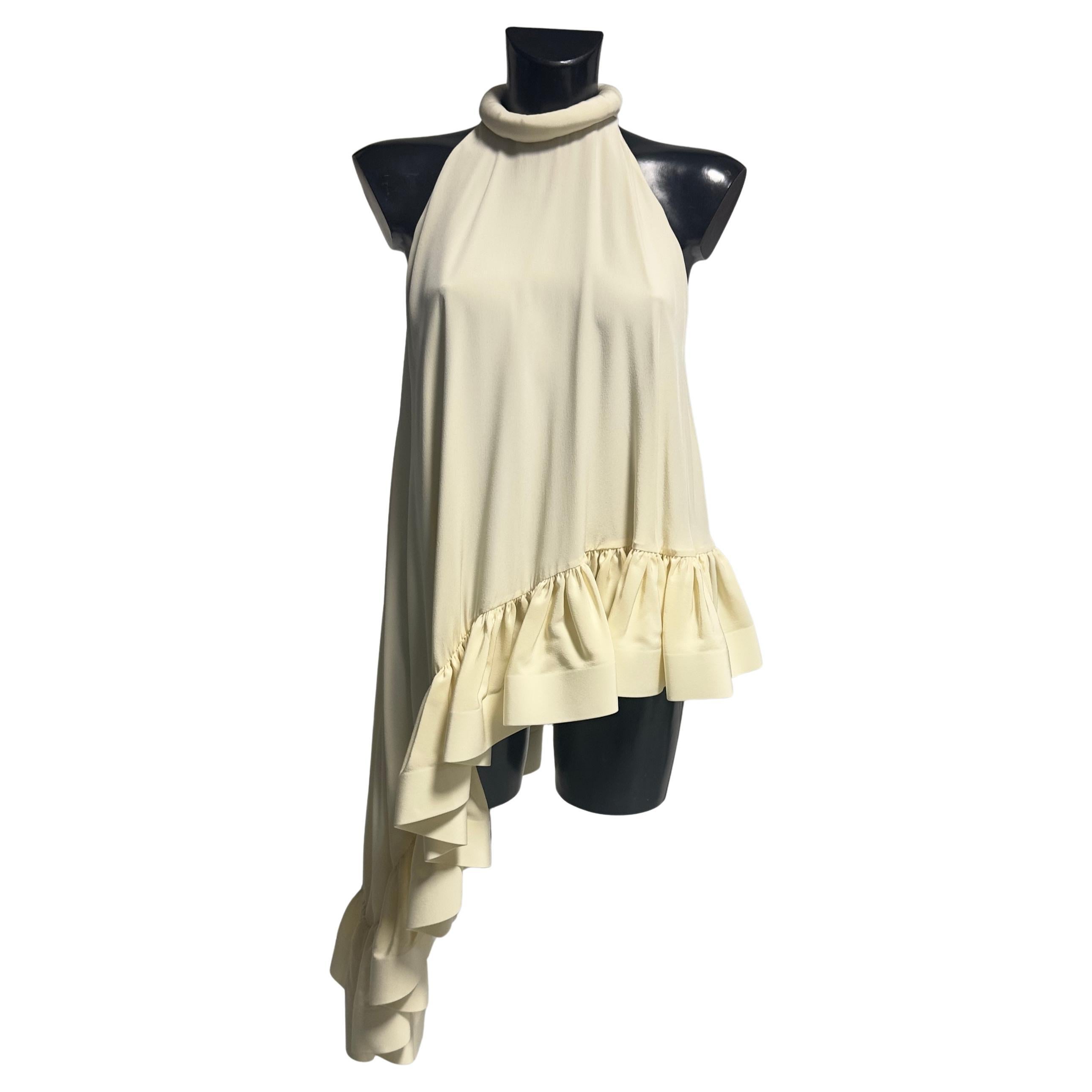 Del Core Asymmetric Silk High-Neck Top with Cascading Ruffle - Made in Italy For Sale
