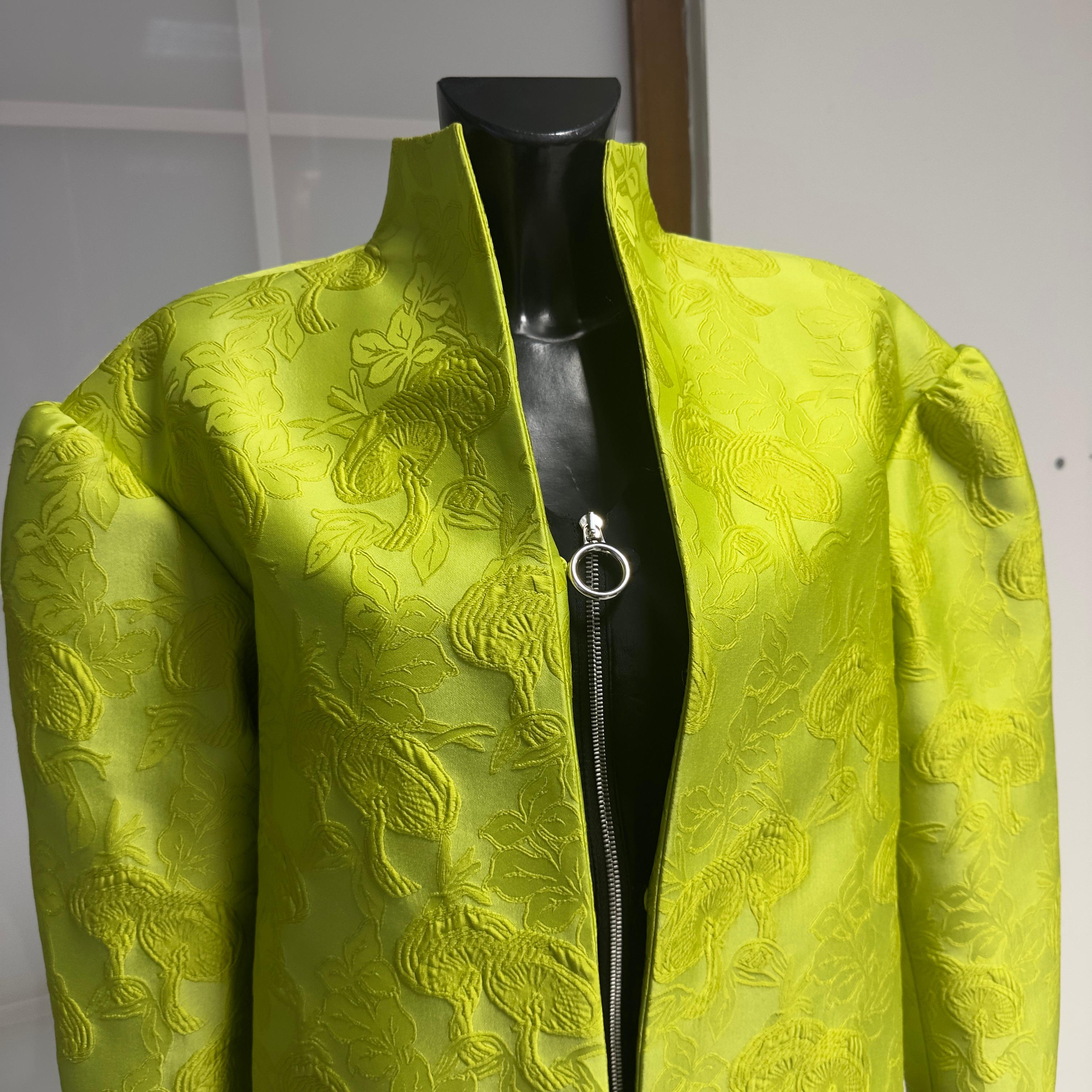 Del Core lime brocade couture jacket with zipper front -  FW 2021 - In New Condition For Sale In Basaluzzo, IT