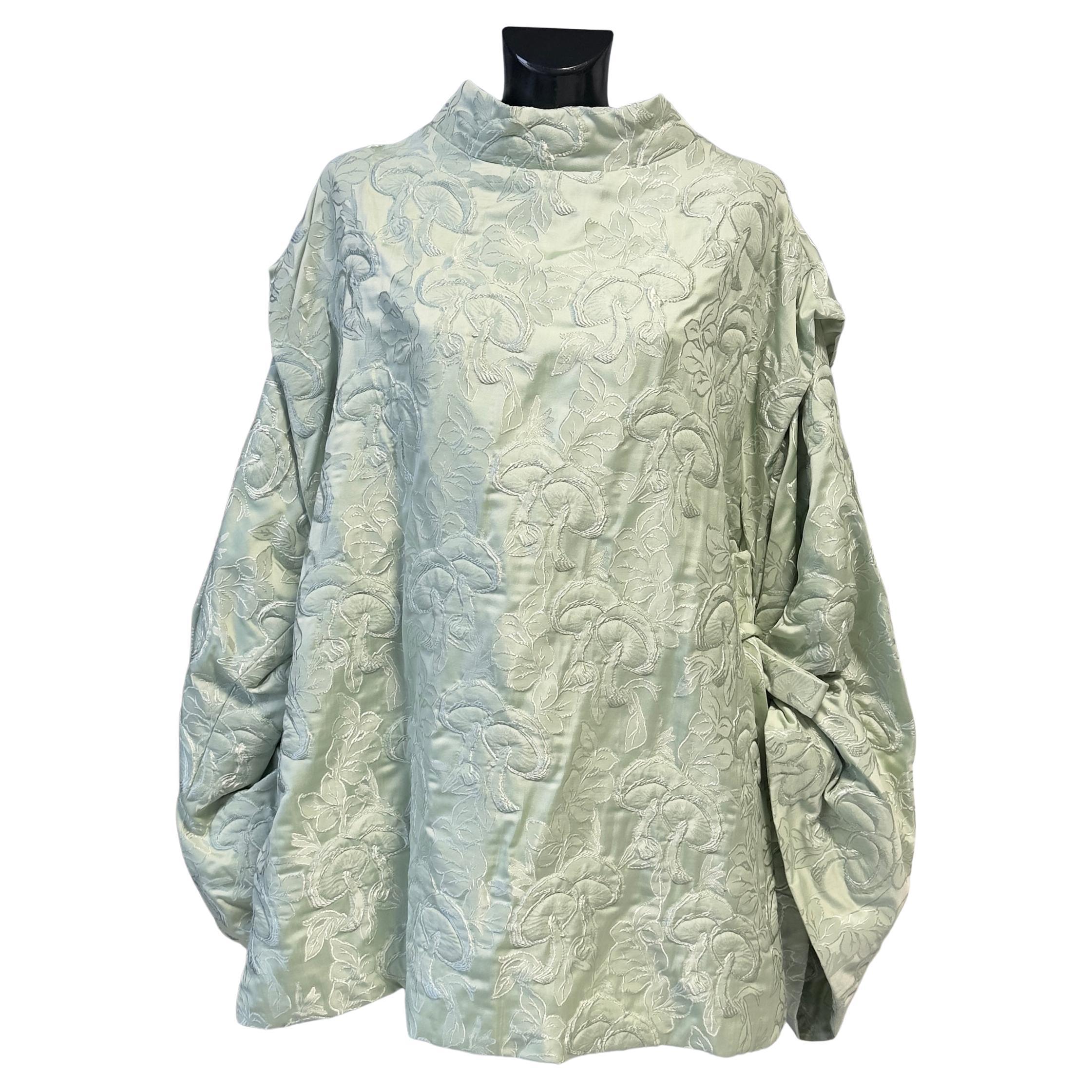Del Core Top Verde Menta Jacquard Brocado con Mangas Globo - Made in Italy en venta