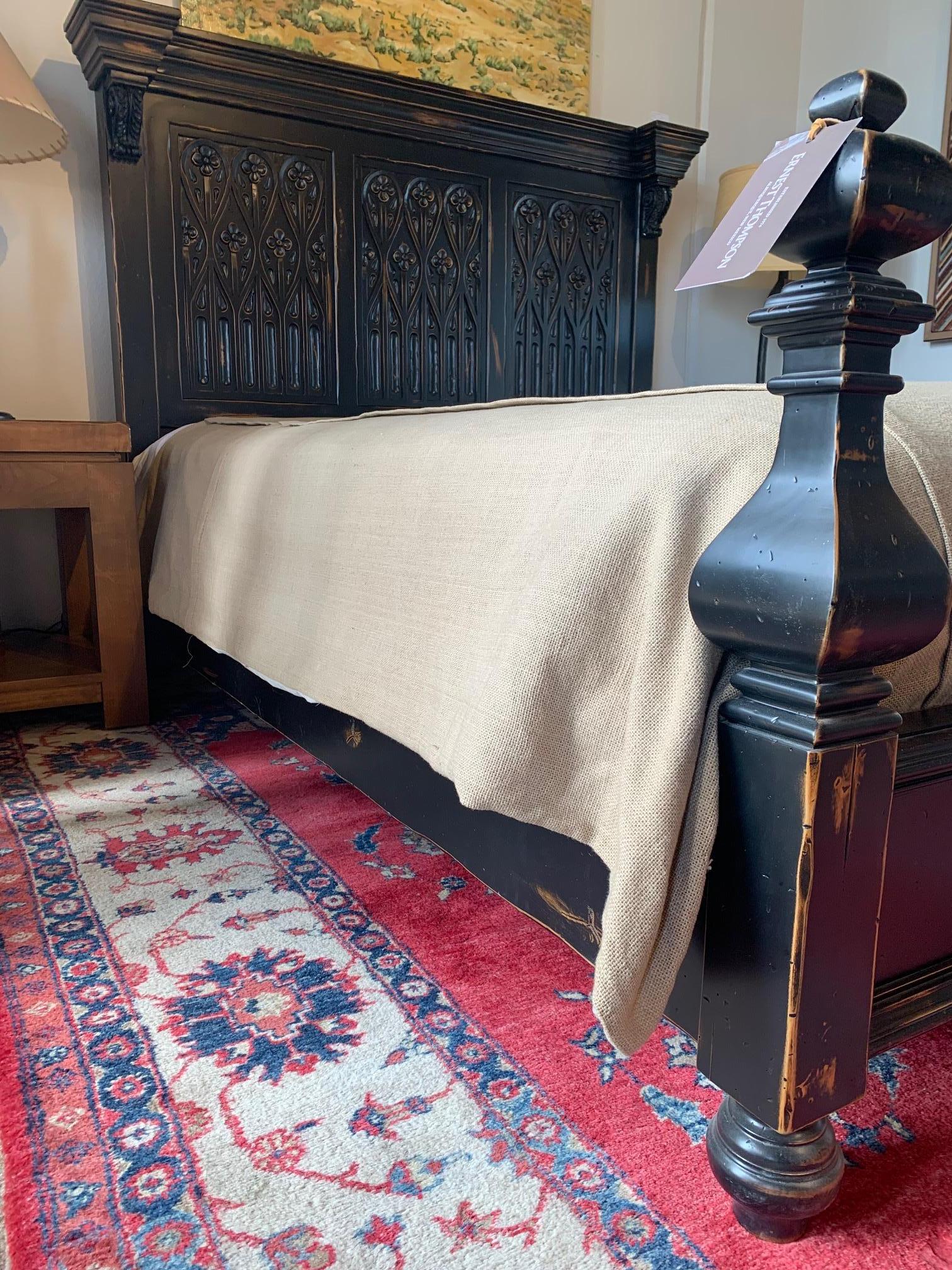 This beautiful Del Mar Queen Bed is made of Knotty Alder with a black scraped finish. Hand carved.

This is a showroom model that has very little wear.