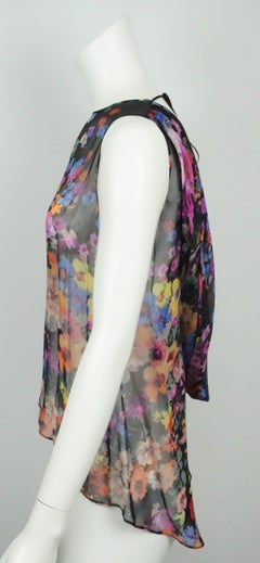 Del Poza Black and Multi Floral Print Silk Chiffon Top - 36