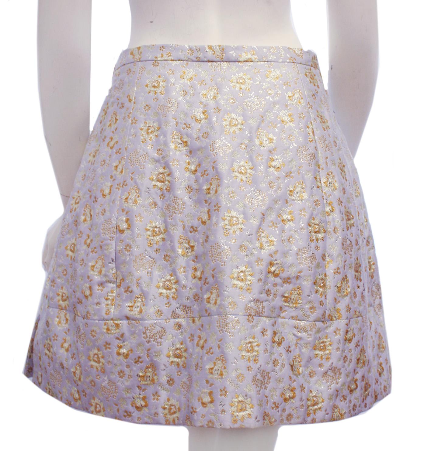 Gray Delpozo Floral Sky Blue Skirt Embroidered w/ Gold Metallic Threads 44 EU For Sale