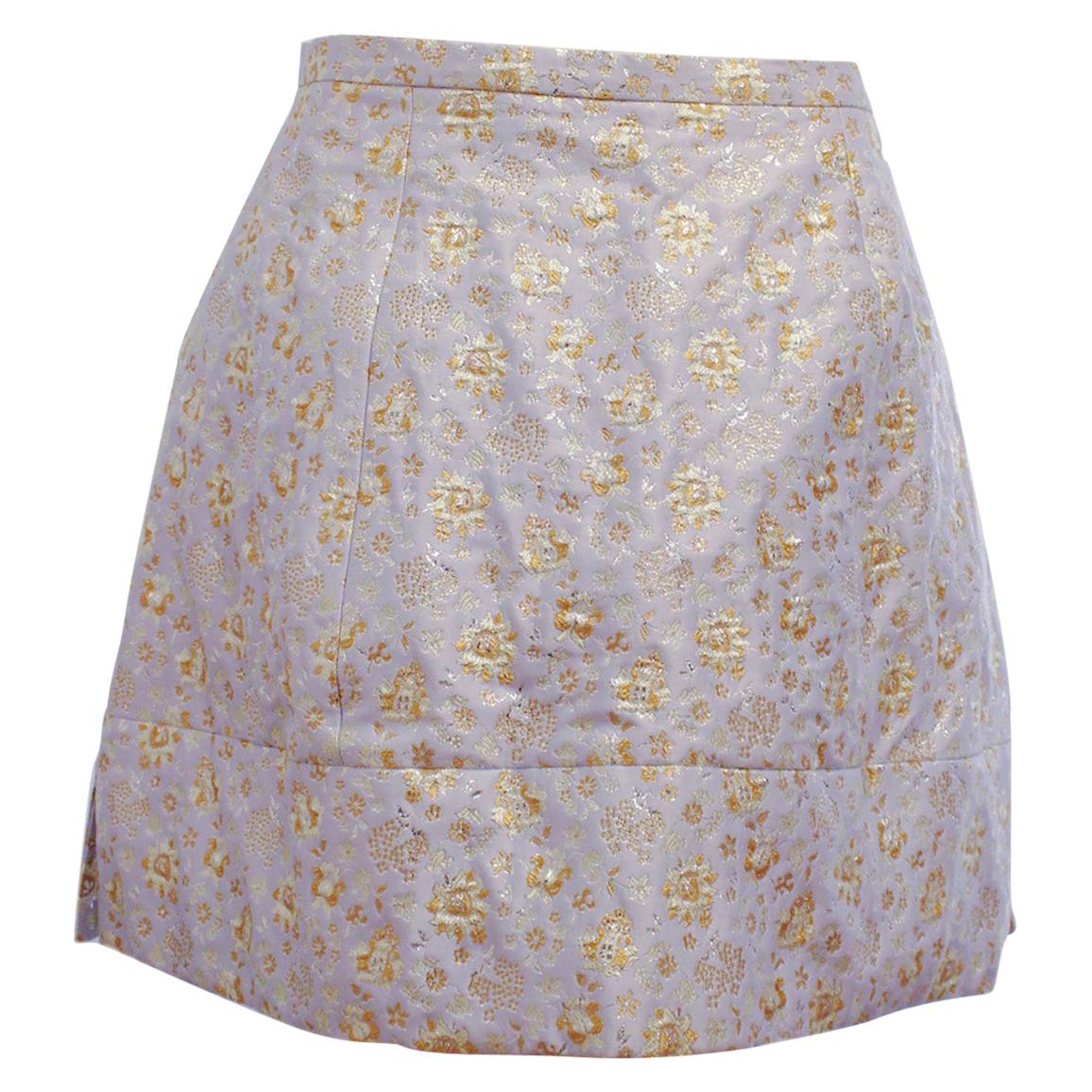 Delpozo Floral Sky Blue Skirt Embroidered w/ Gold Metallic Threads 44 EU For Sale