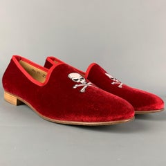 DEL TORO Size 13 Red Embroidery Velvet Slippers Loafers