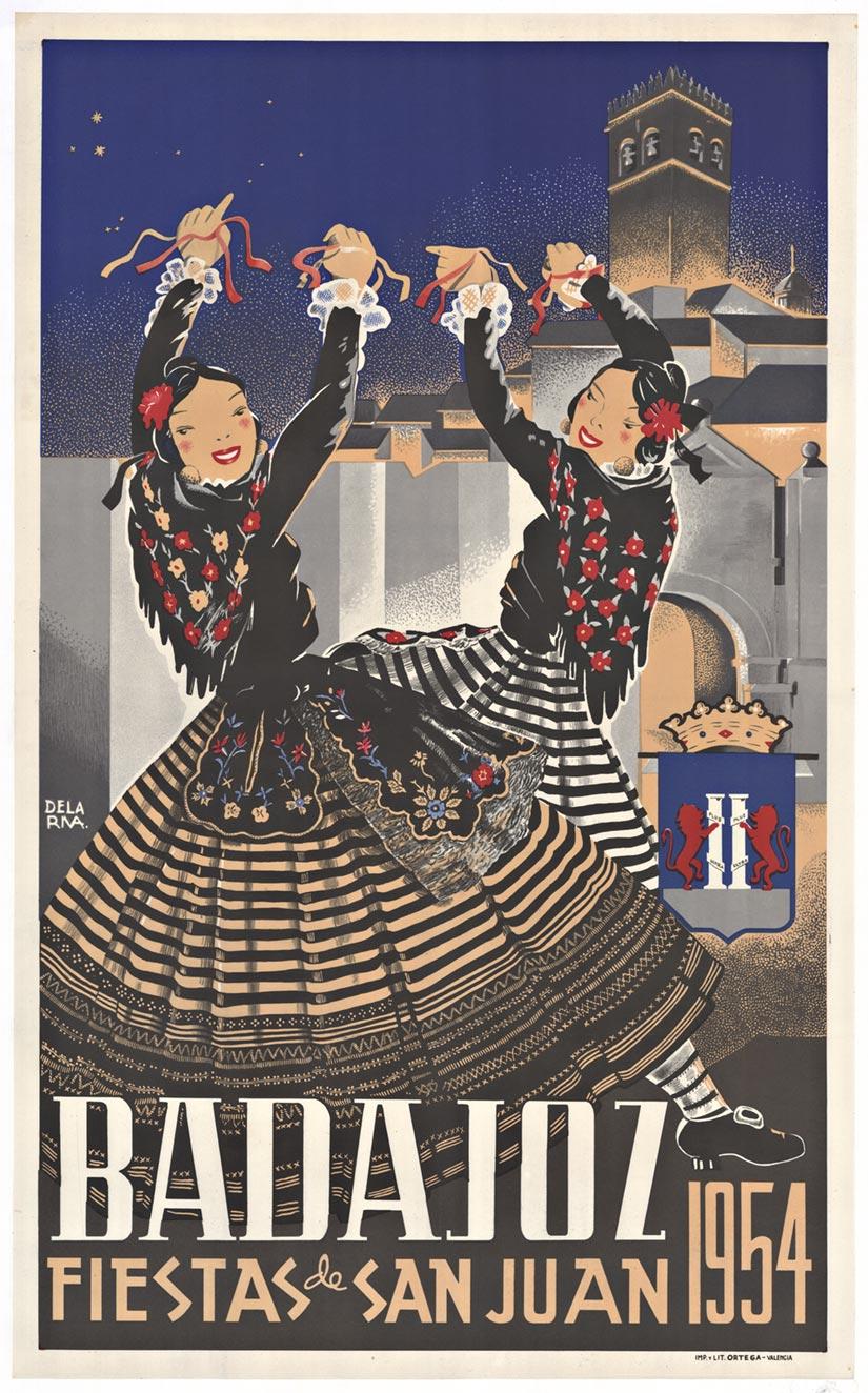 Badajoz Fiestas de SAn Juan 1954 manifesto di viaggio originale spagnolo d'epoca