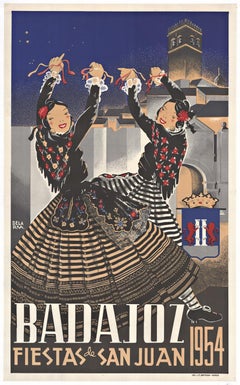 Badajoz Fiestas de SAn Juan 1954 original vintage Spanish travel poster
