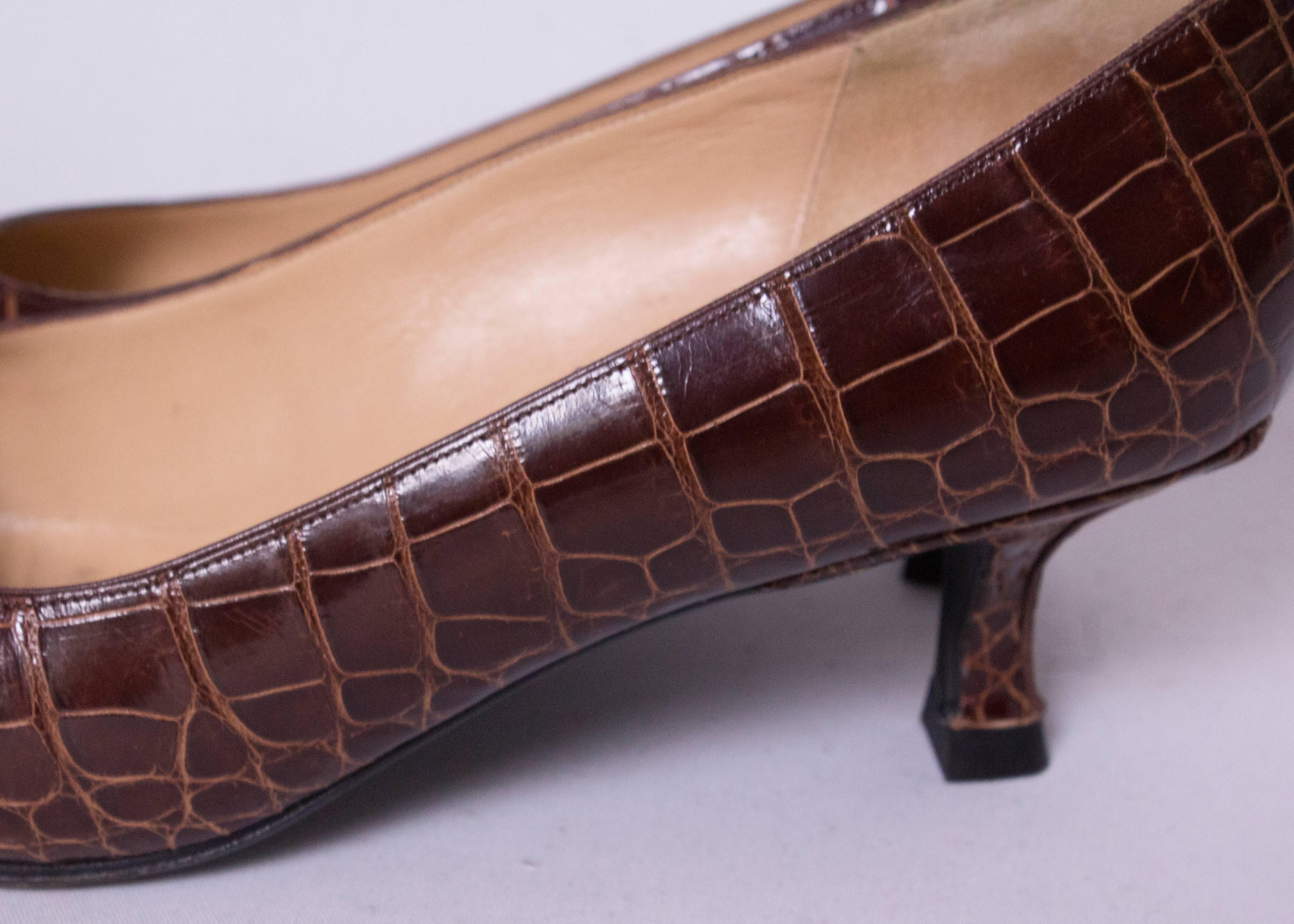 Women's Delage Handmade Brown Croc Kittenheel Shoes