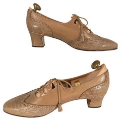 Delage Paris Picasso Tan Eidechse & Leder Spitze Up Chunky Heel Schuhe 39 1/2