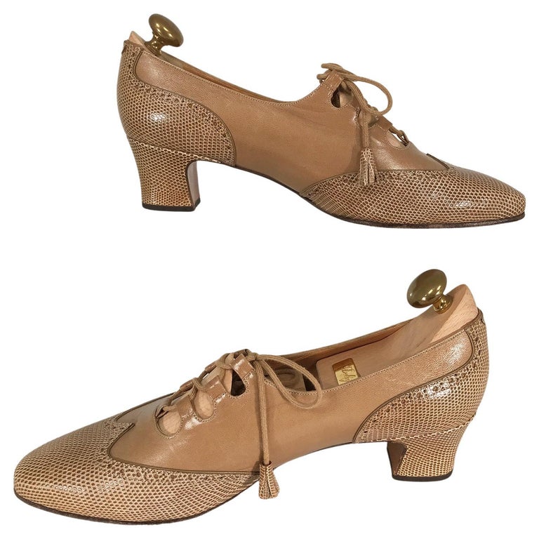 Delage Paris Picasso Tan Lizard and Leather Lace Up Chunky Heel Shoes 39  1/2 For Sale at 1stDibs