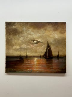 Vintage DeLaLieux seascape depicting, sailboats and sunset