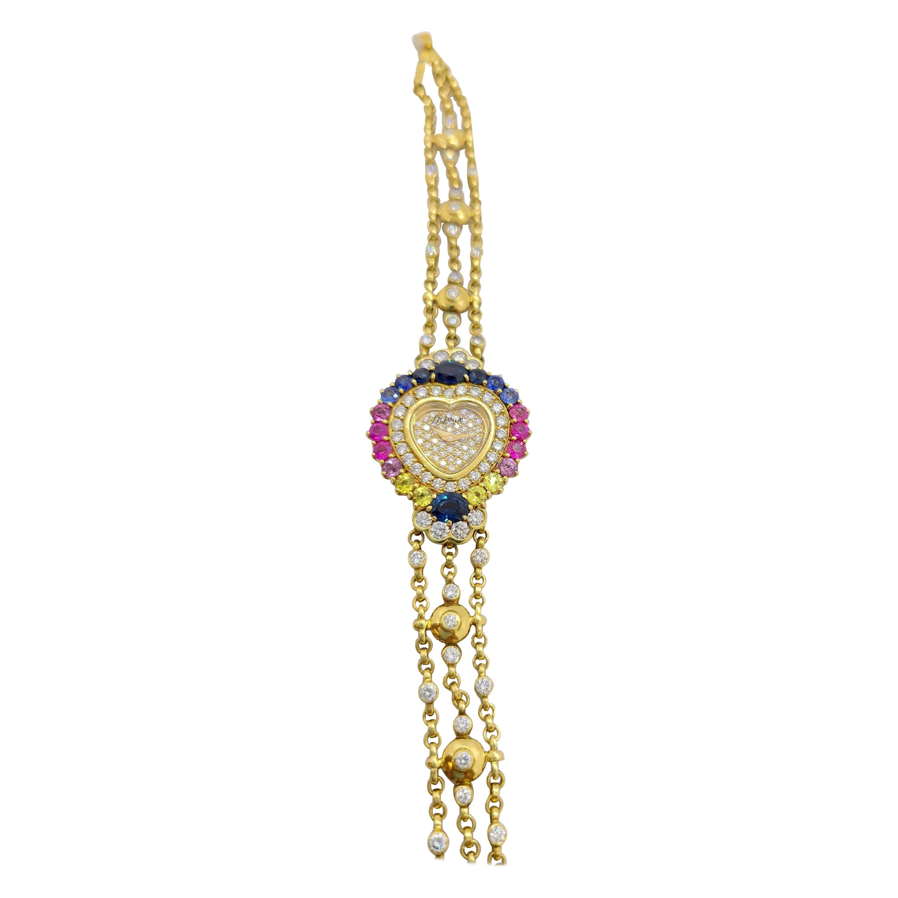 DeLaneau 18 Karat Gold Diamond and Multicolored Sapphires Heart Shaped Watch