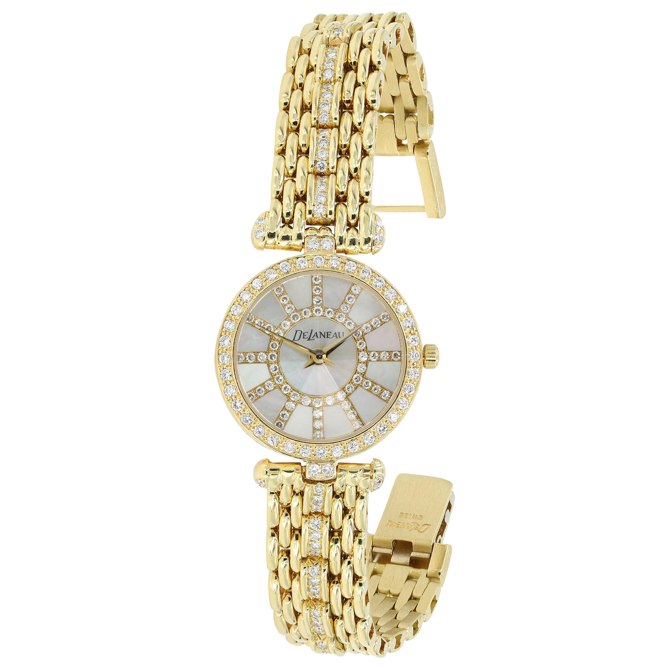 DeLaneau 18 Karat Gold & Diamond Bracelet Watch with Faceted Crystal & MOP Dial