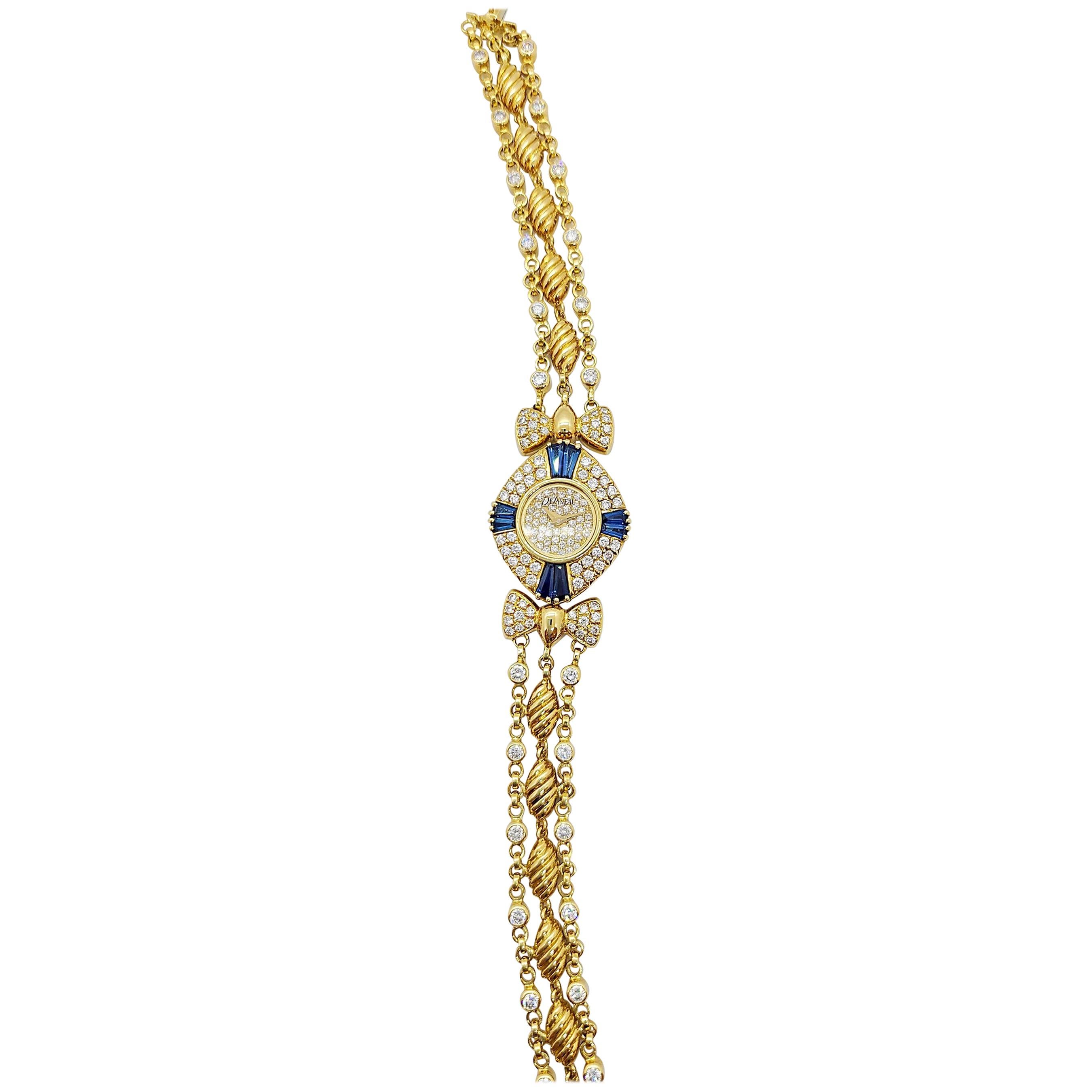 DeLaneau 18 Karat Yellow Gold Diamond and Blue Sapphire Bracelet Watch