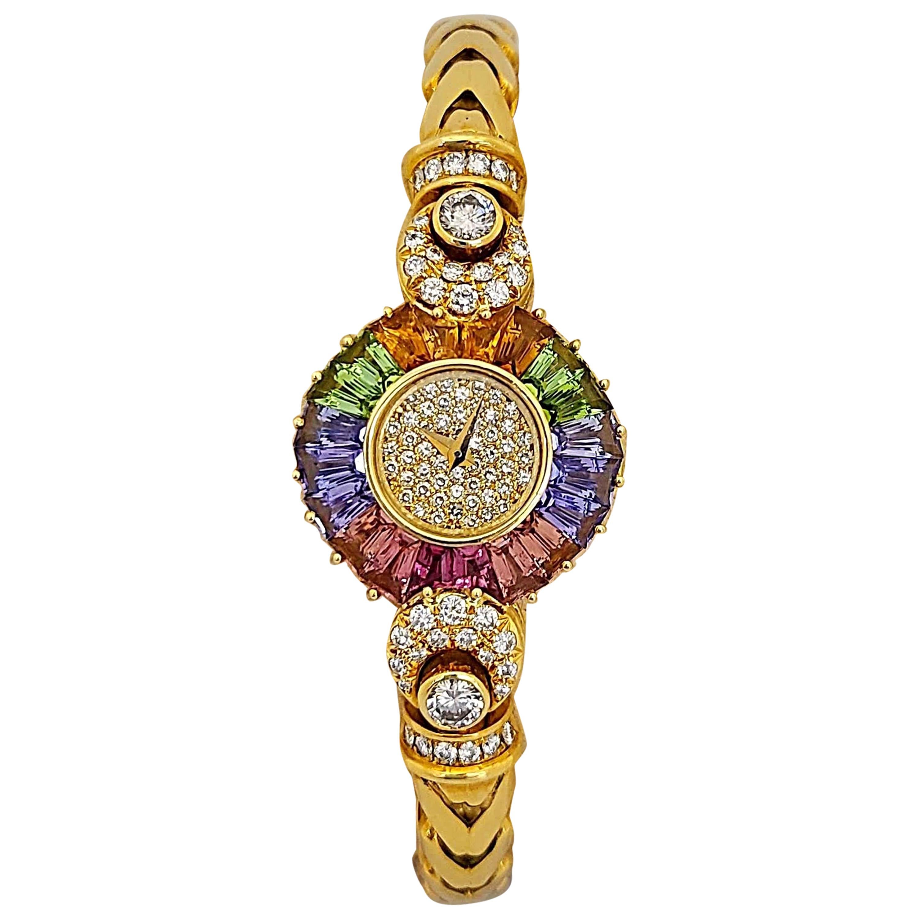 DeLaneau 18 Karat Yellow Gold Diamond and Multicolored Sapphires Bracelet Watch For Sale