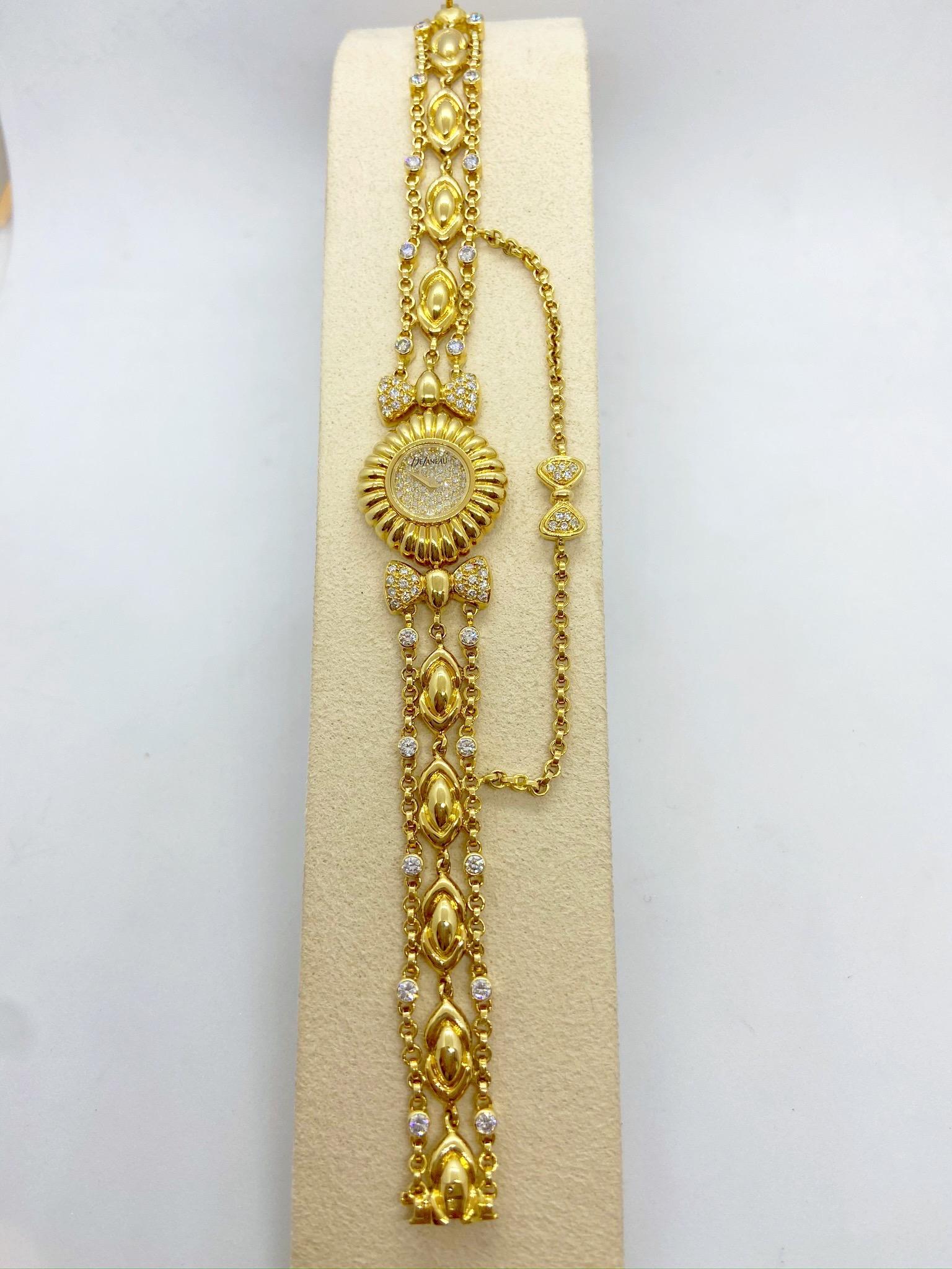 Women's or Men's DeLaneau 18 Karat Yellow Gold and Diamond Watch with Diamond Bows