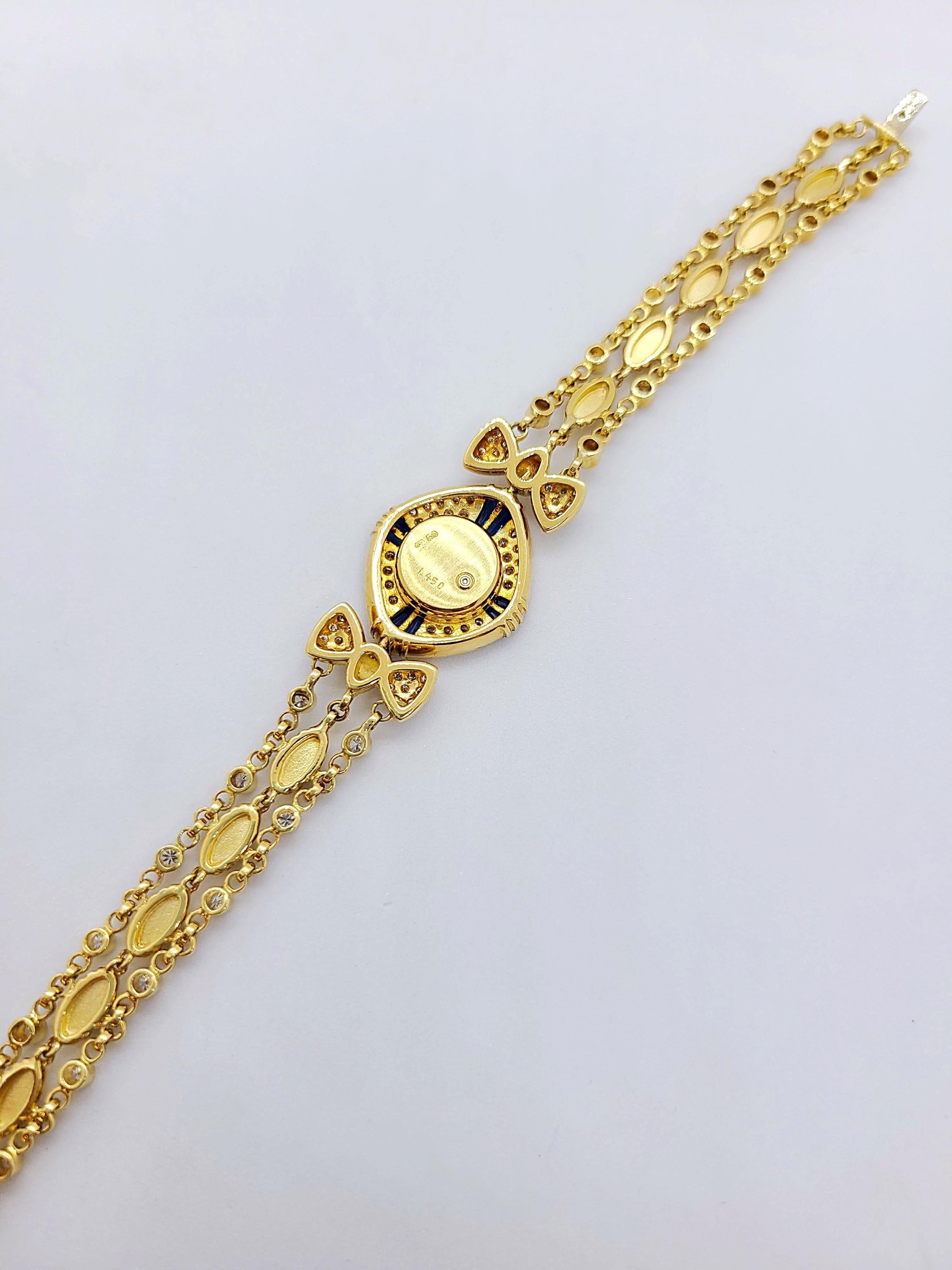 DeLaneau Armbanduhr aus 18 Karat Gelbgold mit Diamanten und blauem Saphiren (Zeitgenössisch) im Angebot