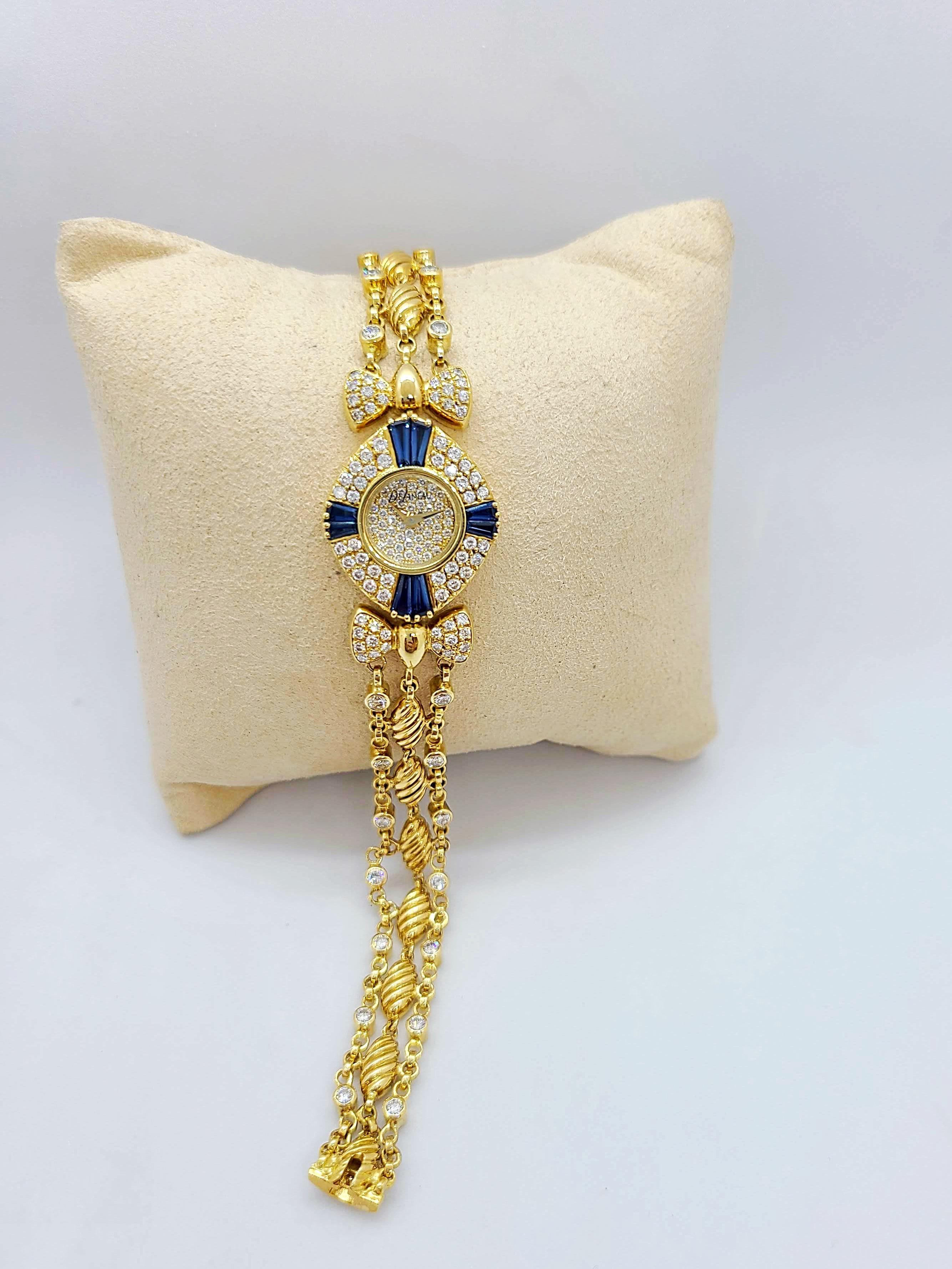 DeLaneau Armbanduhr aus 18 Karat Gelbgold mit Diamanten und blauem Saphiren (Rundschliff) im Angebot