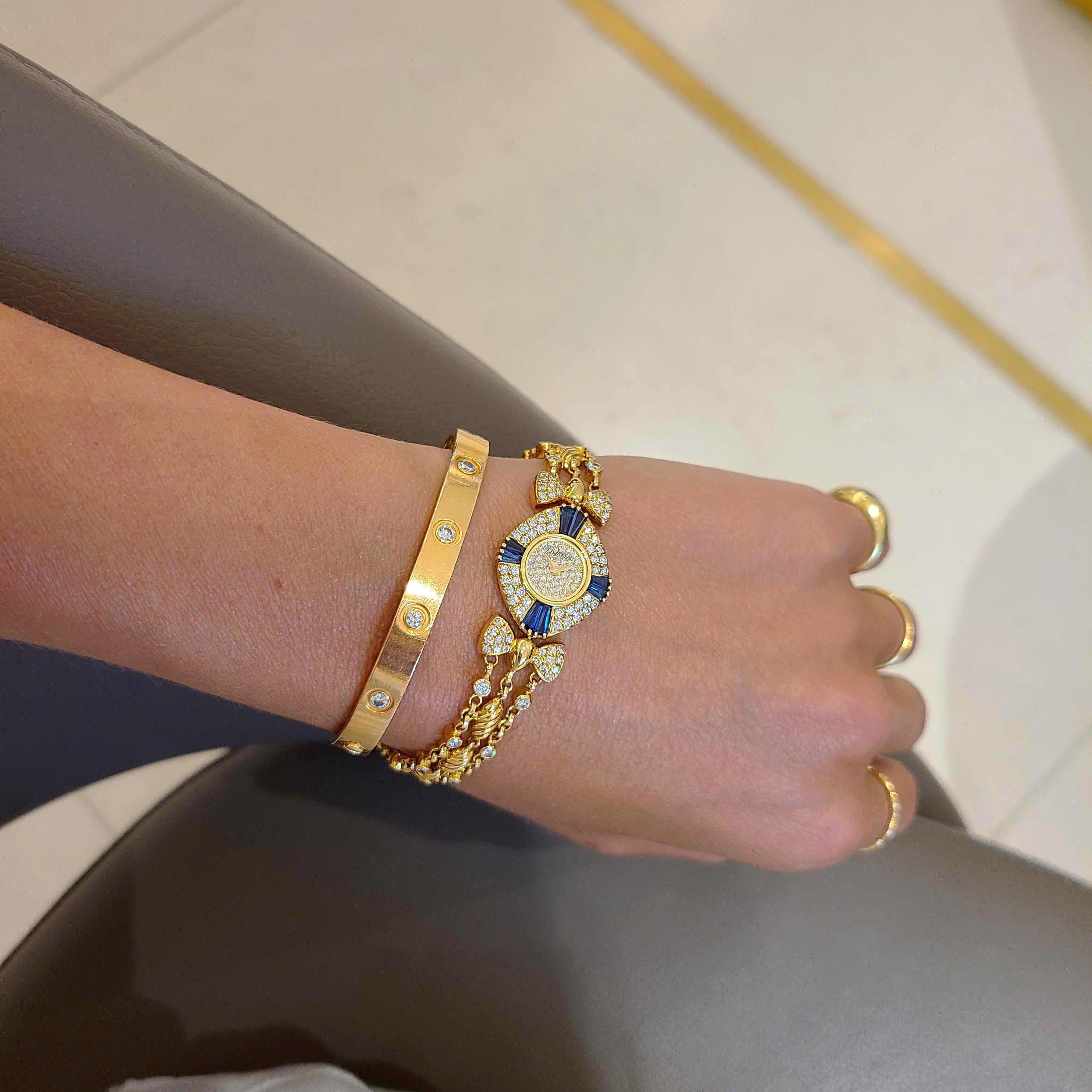 DeLaneau 18 Karat Yellow Gold Diamond and Blue Sapphire Bracelet Watch In New Condition For Sale In New York, NY