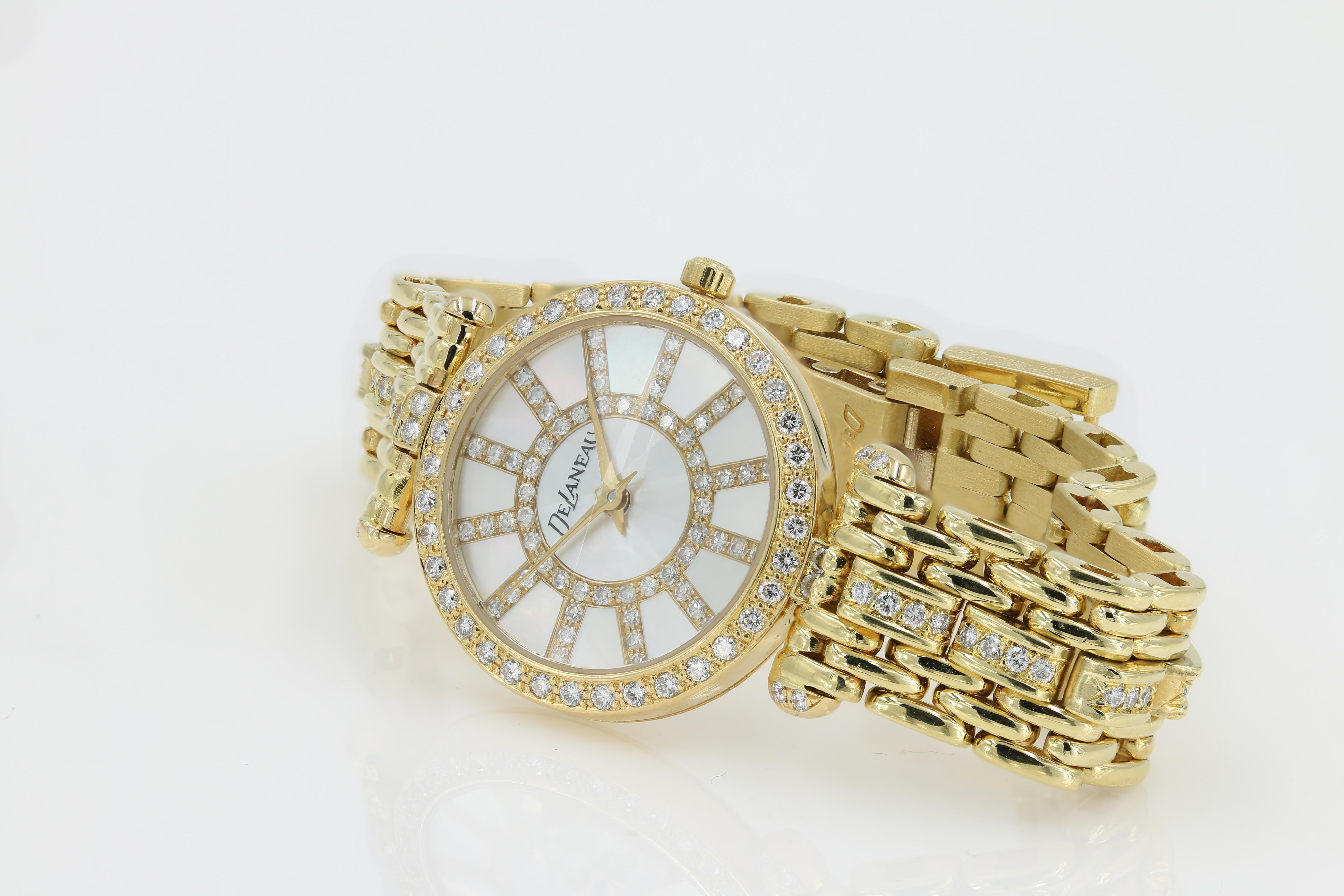 DeLaneau 18 Karat Gold & Diamond Bracelet Watch with Faceted Crystal & MOP Dial In Excellent Condition In Chicago, IL