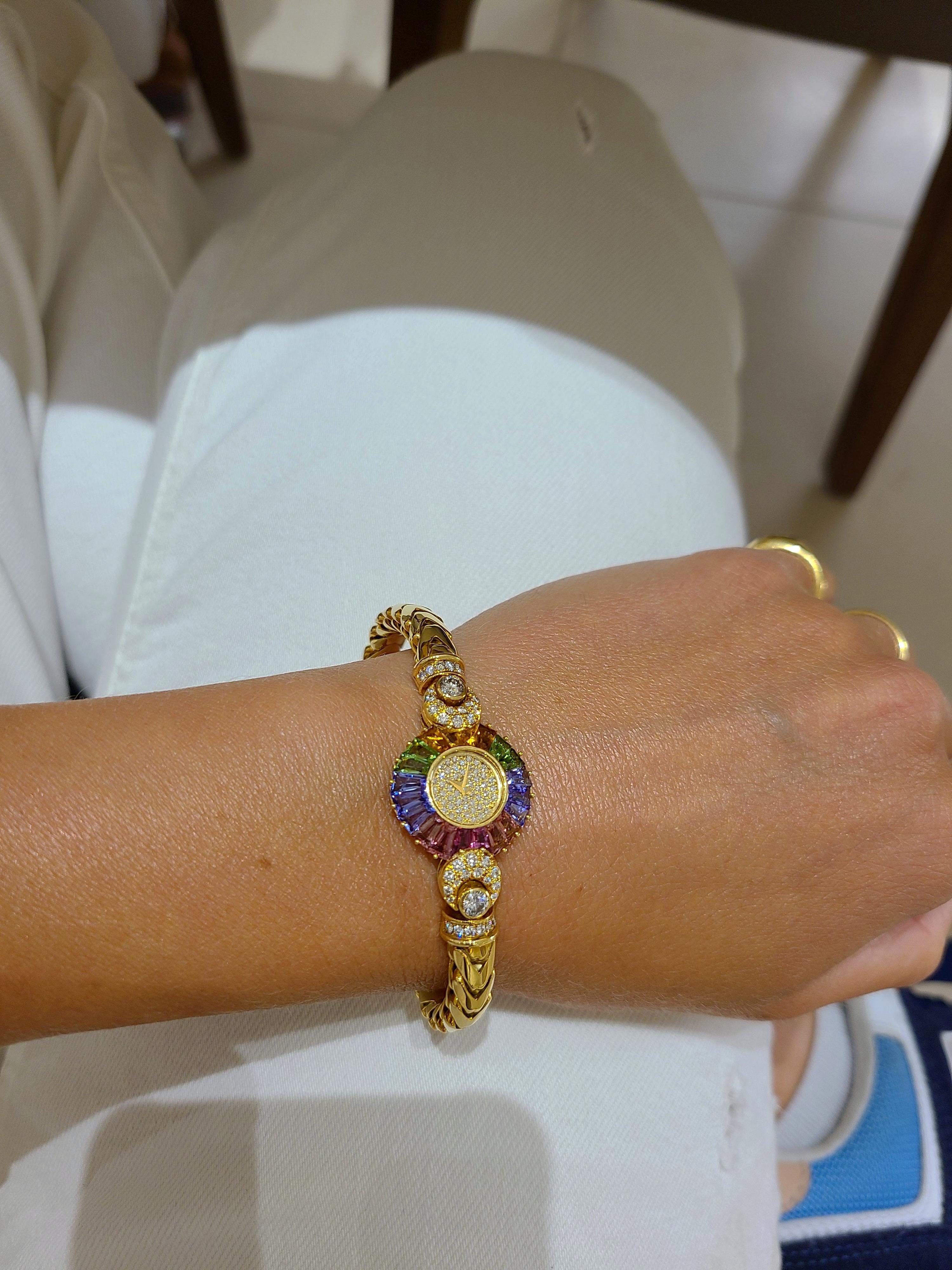 DeLaneau 18 Karat Yellow Gold Diamond and Multicolored Sapphires Bracelet Watch In New Condition For Sale In New York, NY