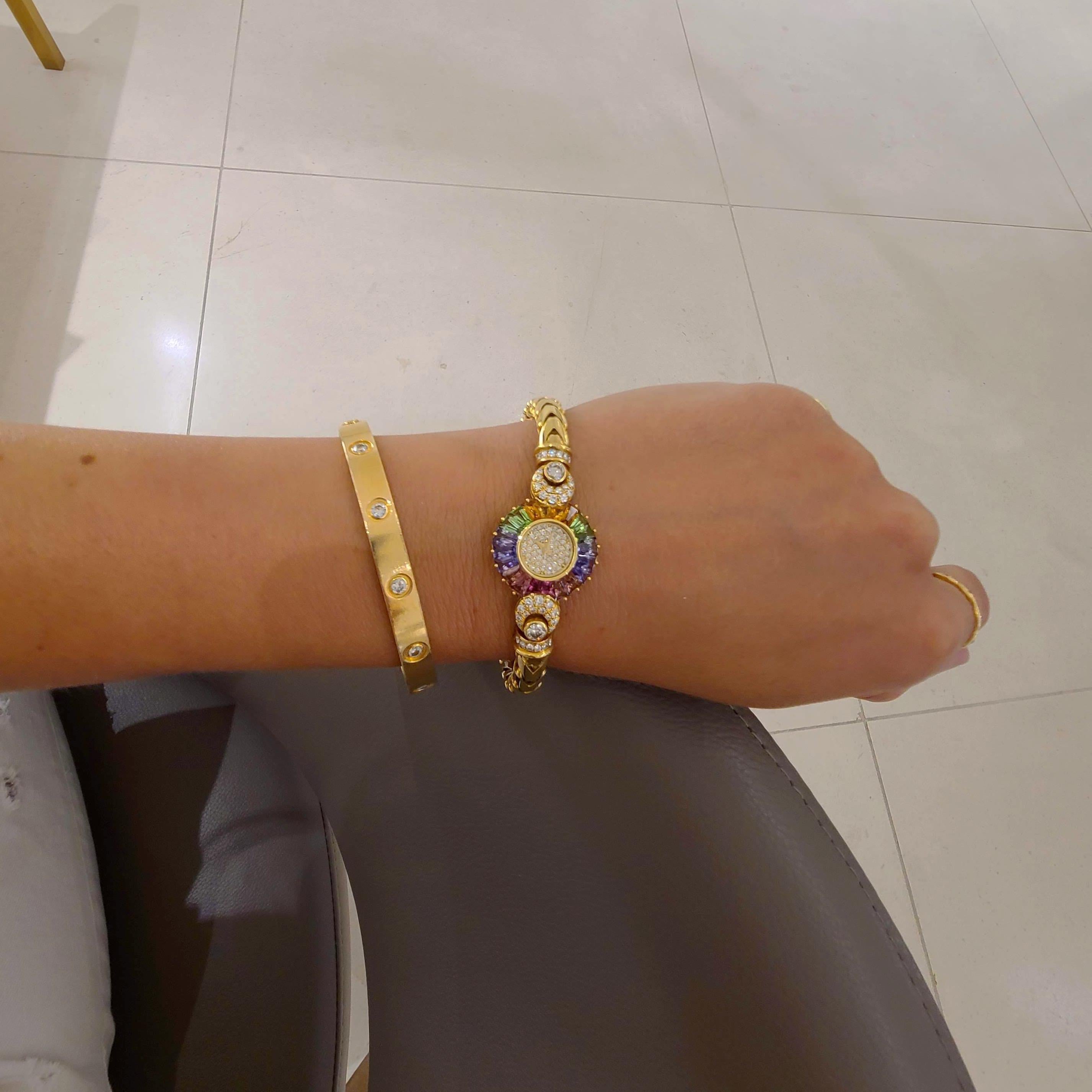 Women's or Men's DeLaneau 18 Karat Yellow Gold Diamond and Multicolored Sapphires Bracelet Watch For Sale