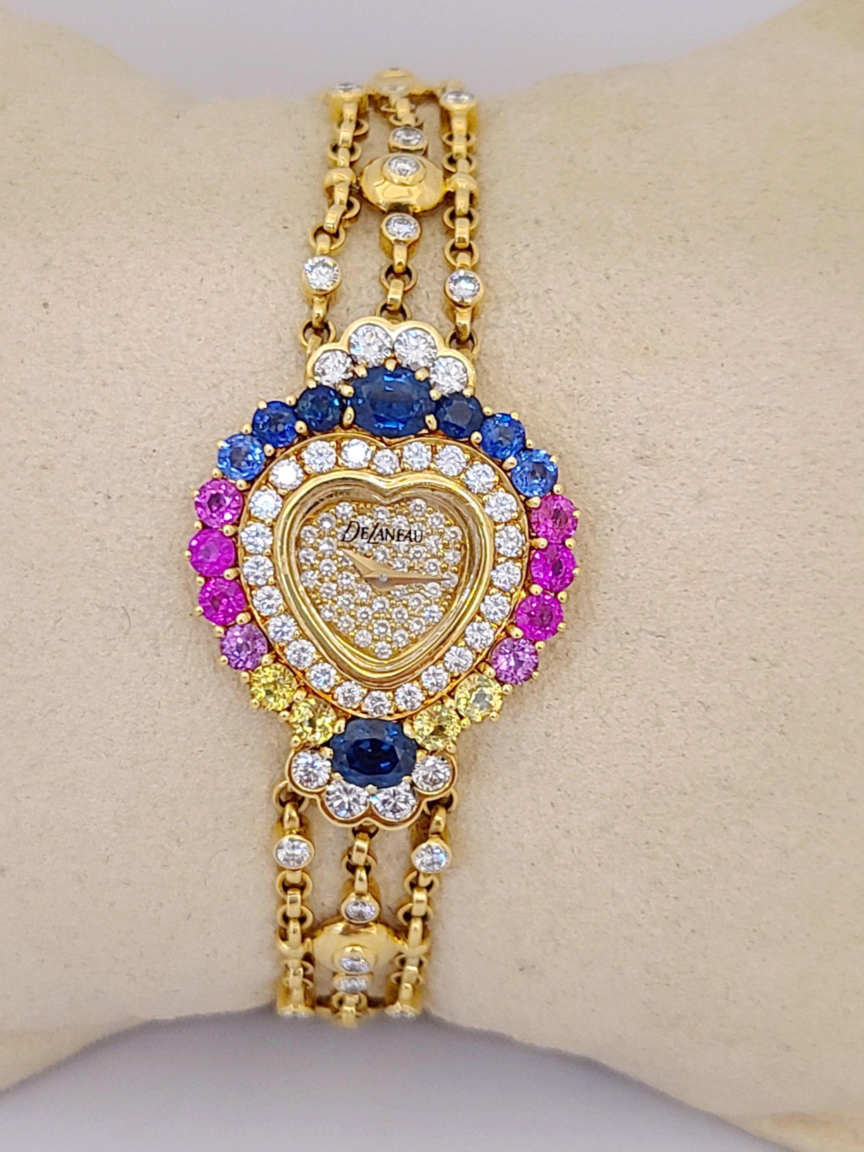 Round Cut DeLaneau 18 Karat Gold Diamond and Multicolored Sapphires Heart Shaped Watch For Sale