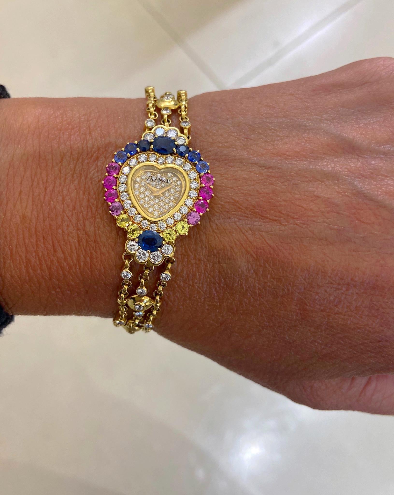 DeLaneau 18 Karat Gold Diamond and Multicolored Sapphires Heart Shaped Watch In New Condition For Sale In New York, NY