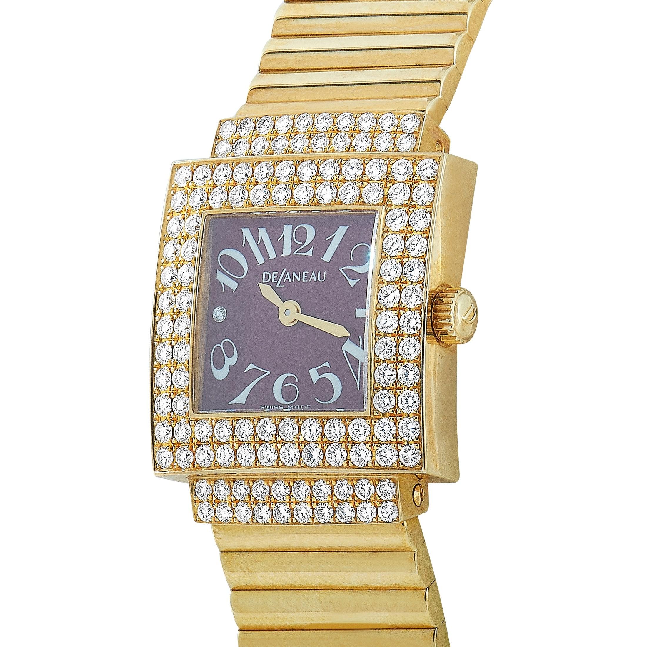 The DeLaneau Bali watch, reference number LBC001 YG EO147, is presented with a diamond-set 18K yellow gold case mounted onto an 18K yellow gold bracelet. The burgundy dial with Arabic numerals is set with a single diamond and features central hours