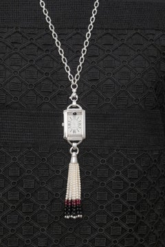 DeLaneau Josephine Pendant Watch Necklace in 18K White Gold with Pearl Tassel